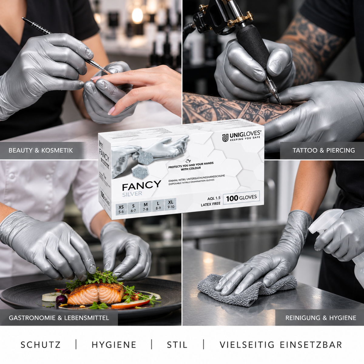 Unigloves Fancy Silver Nitrilhandschuhe – Einsatz in Beauty, Tattoo, Gastronomie und Reinigung