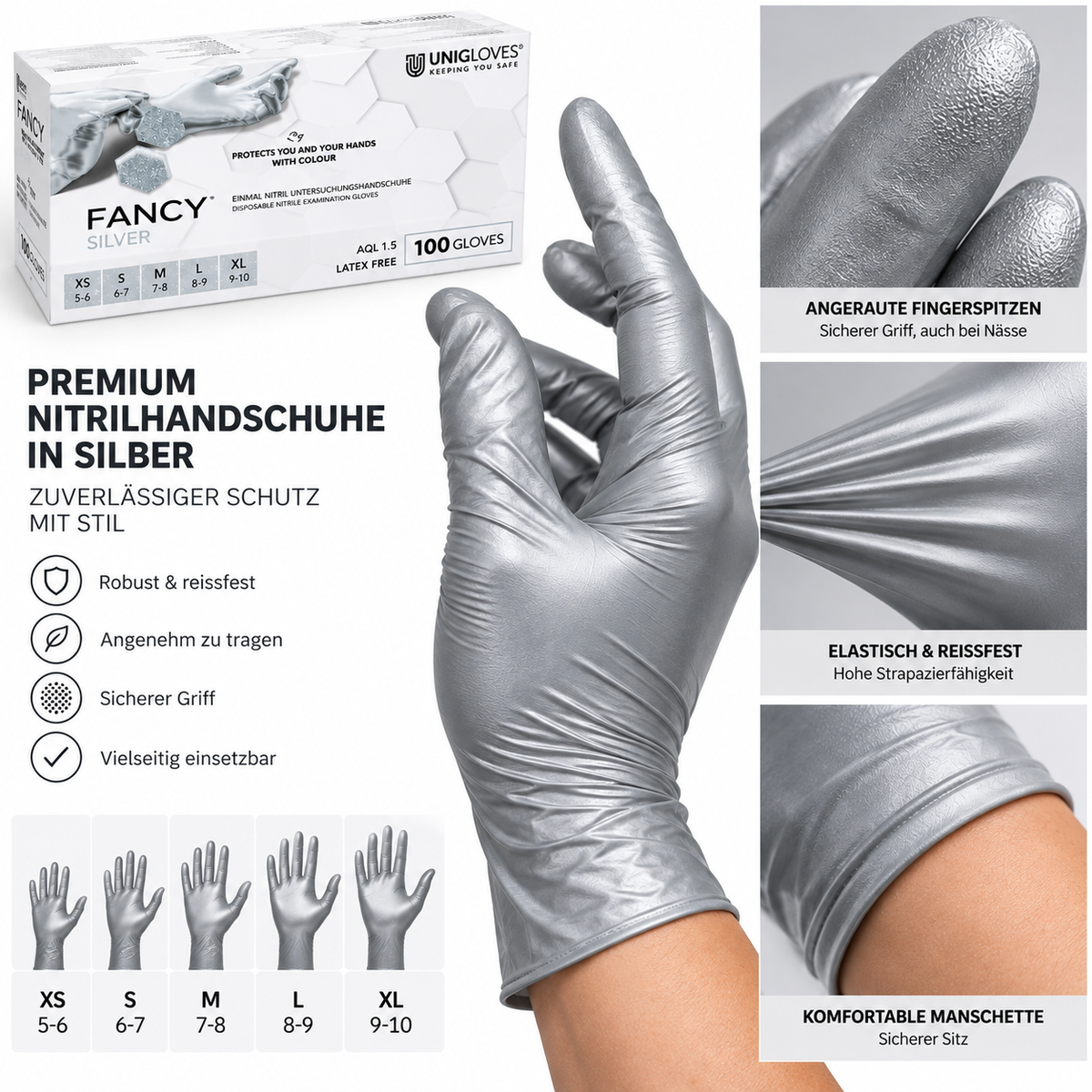 Unigloves Fancy Silver Nitrilhandschuhe – elastische Passform, angeraute Fingerspitzen und sicherer Griff