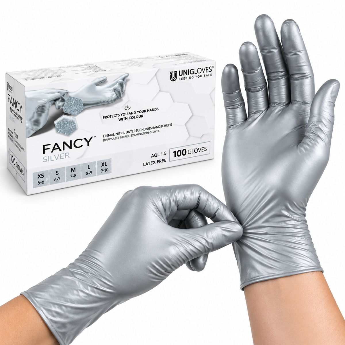Unigloves Fancy Silver Nitrilhandschuhe silber glänzend – Passform und elastischer Tragekomfort