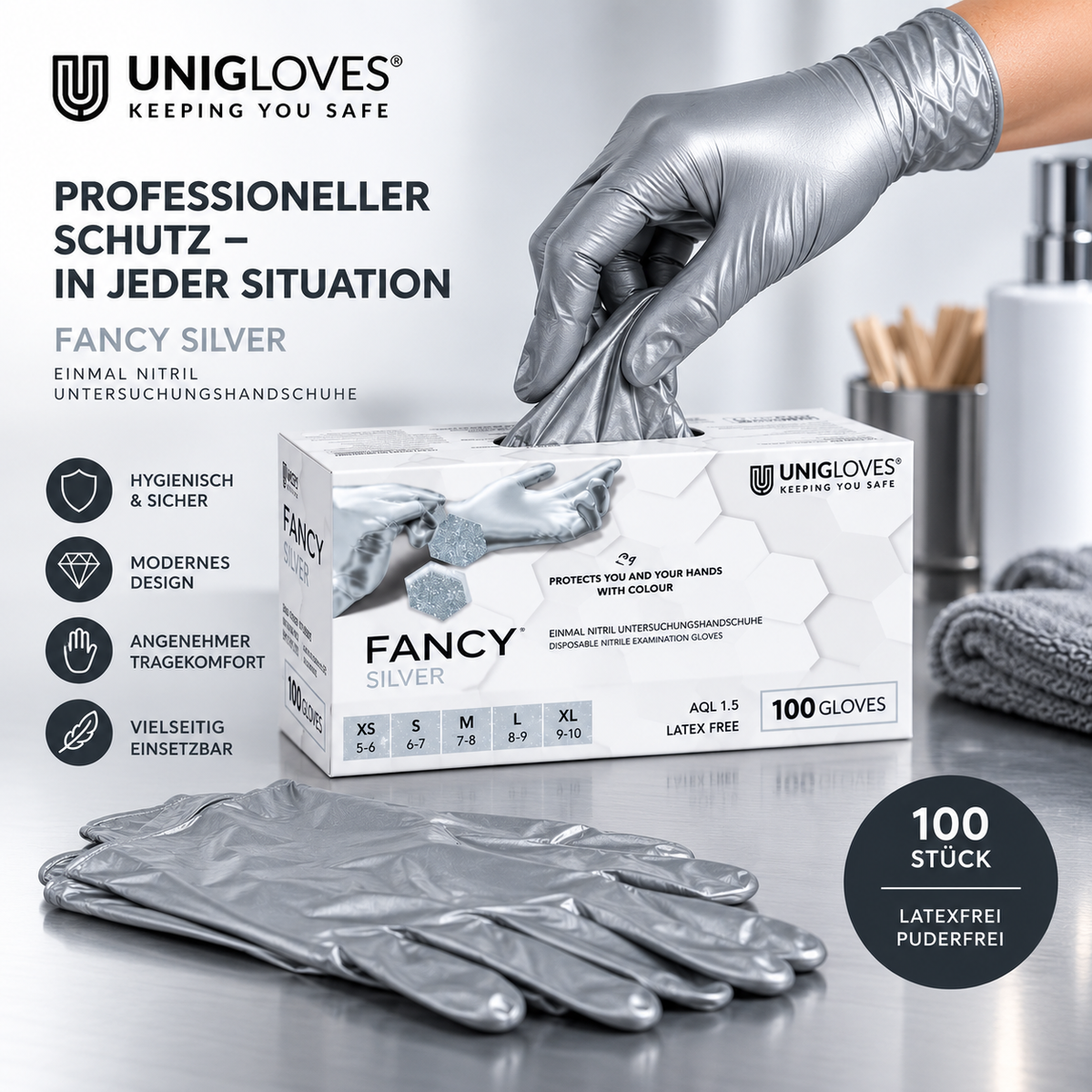 Unigloves Fancy Silver Nitrilhandschuhe silber glänzend – professioneller Schutz und hoher Tragekomfort