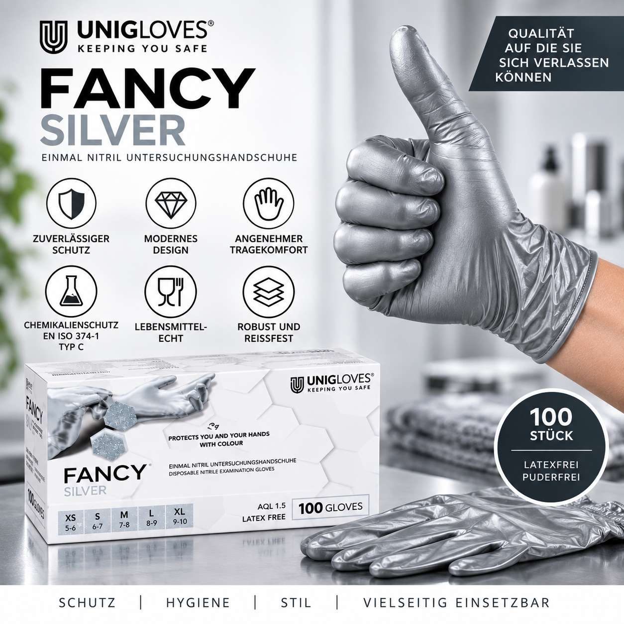 Unigloves Fancy Silver Nitrilhandschuhe – zuverlässiger Schutz, Hygiene und Tragekomfort