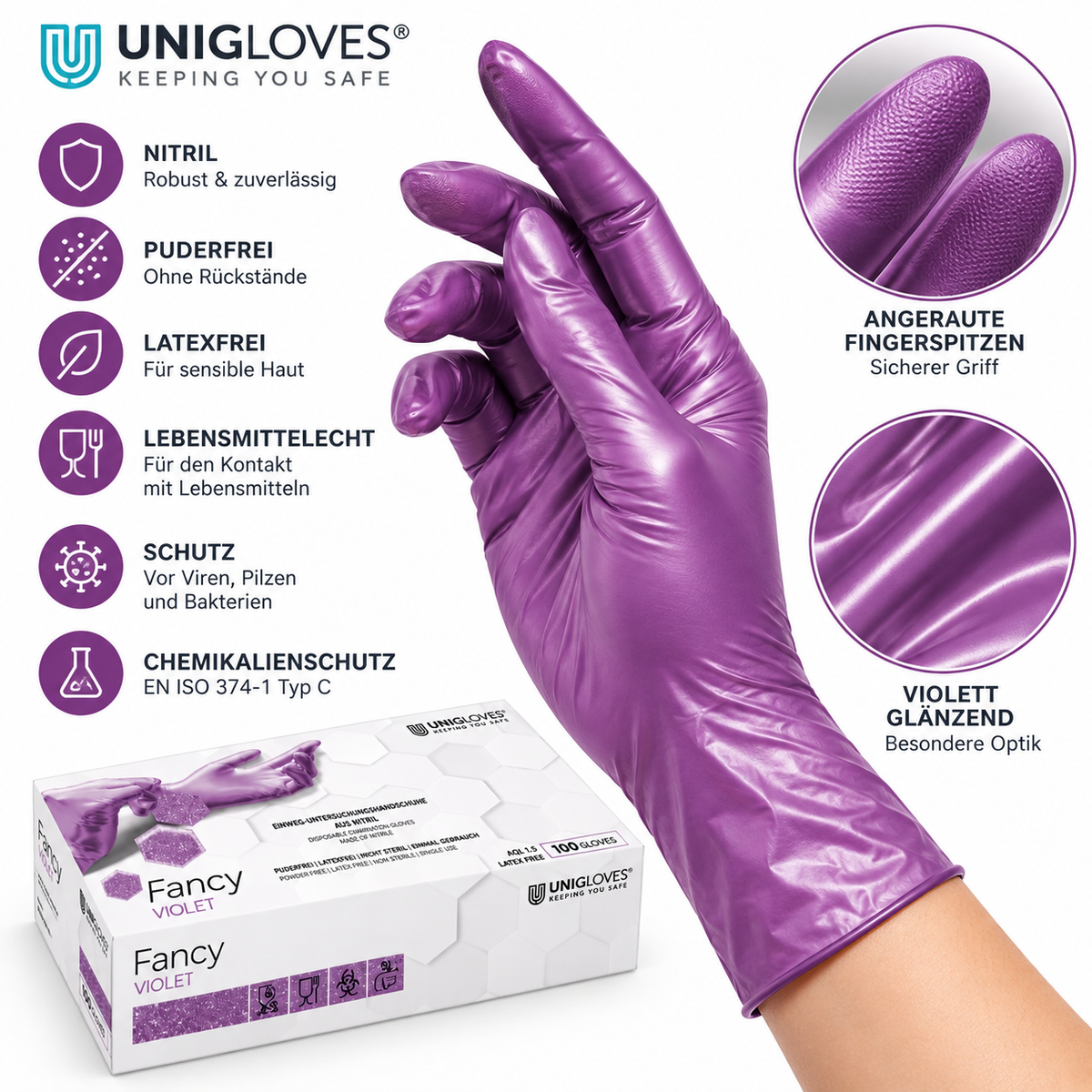 Unigloves Fancy Violet Nitrilhandschuhe – Eigenschaften, Chemikalienschutz und angeraute Fingerspitzen