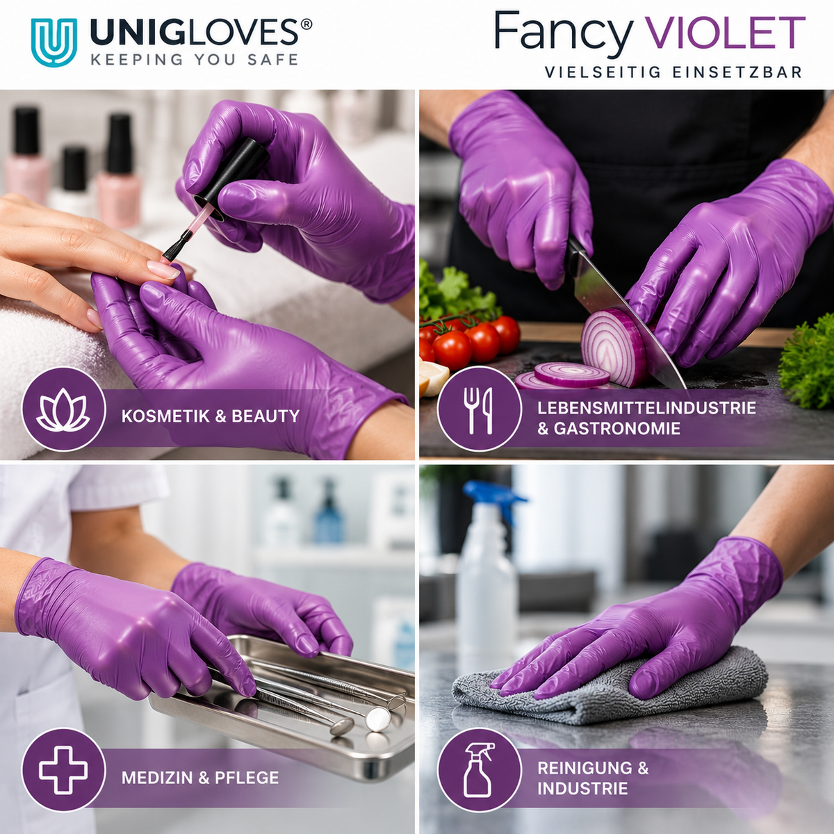Unigloves Fancy Violet Nitrilhandschuhe – Einsatz in Kosmetik, Gastronomie, Medizin und Reinigung