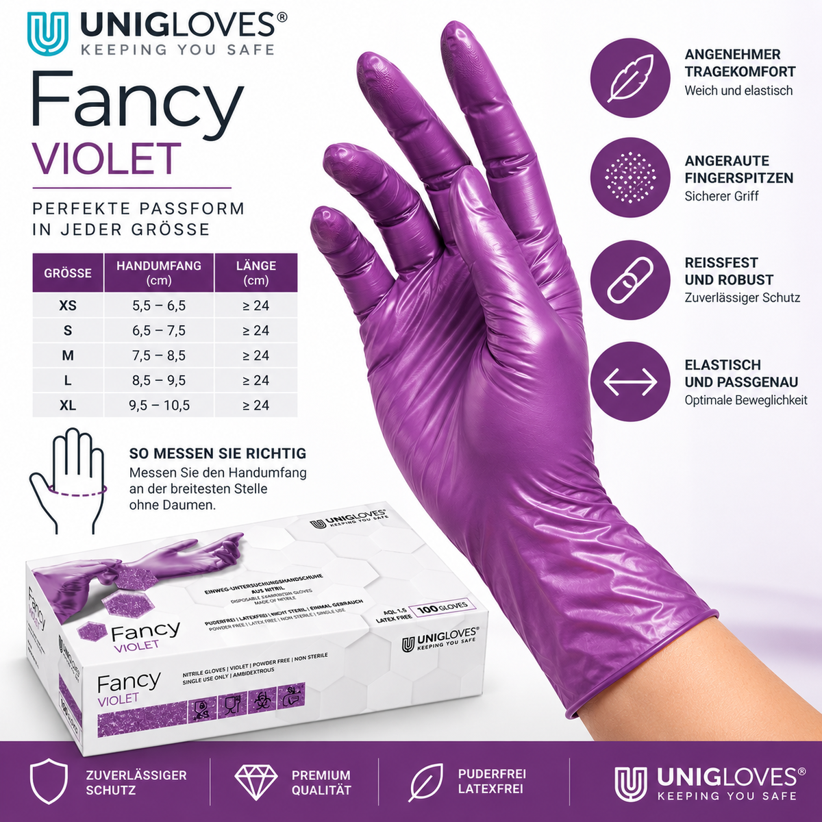Unigloves Fancy Violet Nitrilhandschuhe – Größen XS bis L, Passform und Tragekomfort