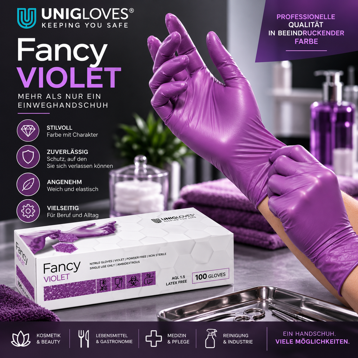 Unigloves Fancy Violet Nitrilhandschuhe – violett glänzend für Kosmetik, Gastronomie, Medizin und Reinigung