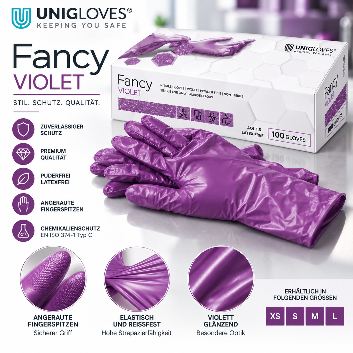 Unigloves Fancy Violet Nitrilhandschuhe – Schutz, Qualität, angeraute Fingerspitzen und Größen XS bis L
