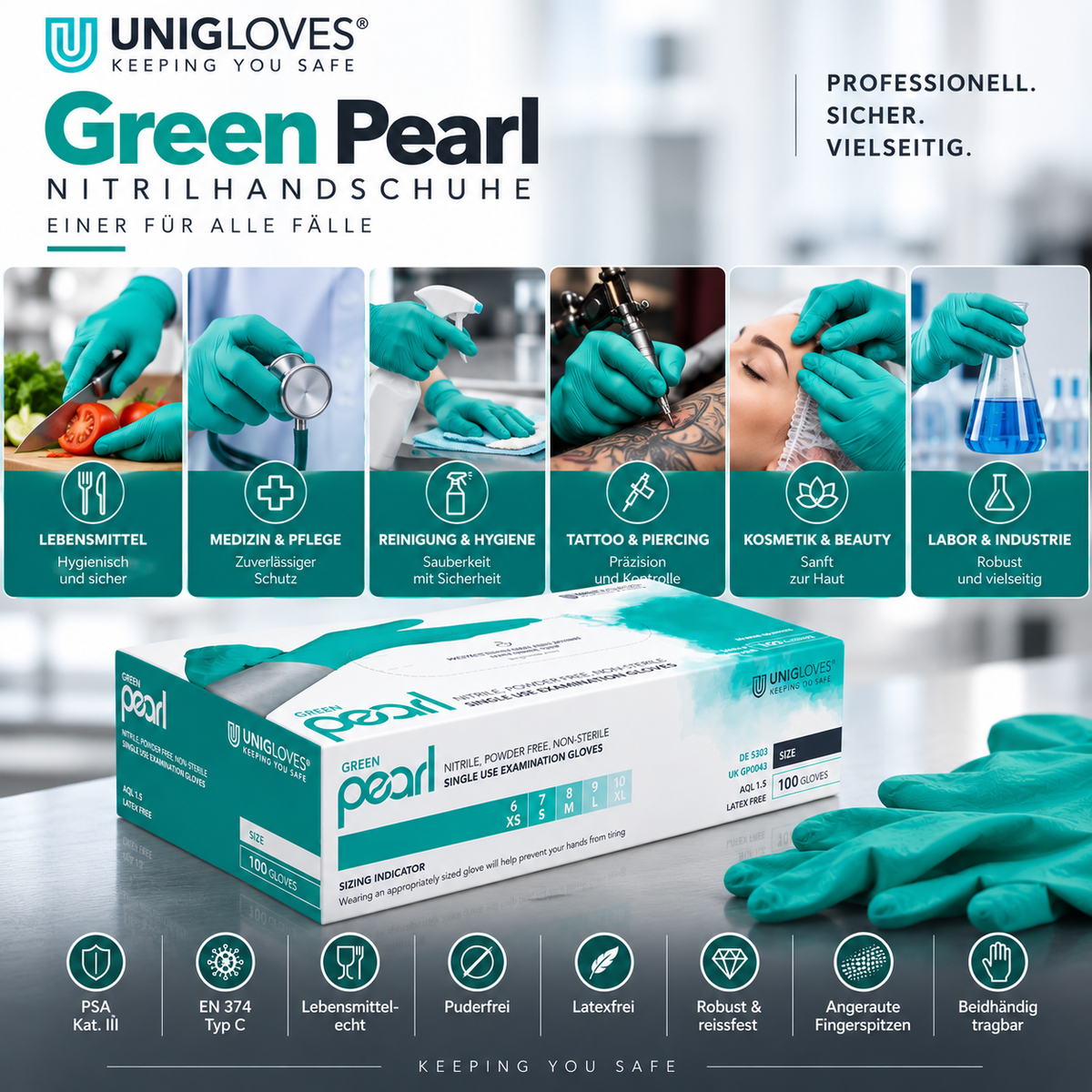 Unigloves Green Pearl Nitrilhandschuhe – für Lebensmittel, Medizin, Reinigung, Tattoo, Kosmetik und Labor