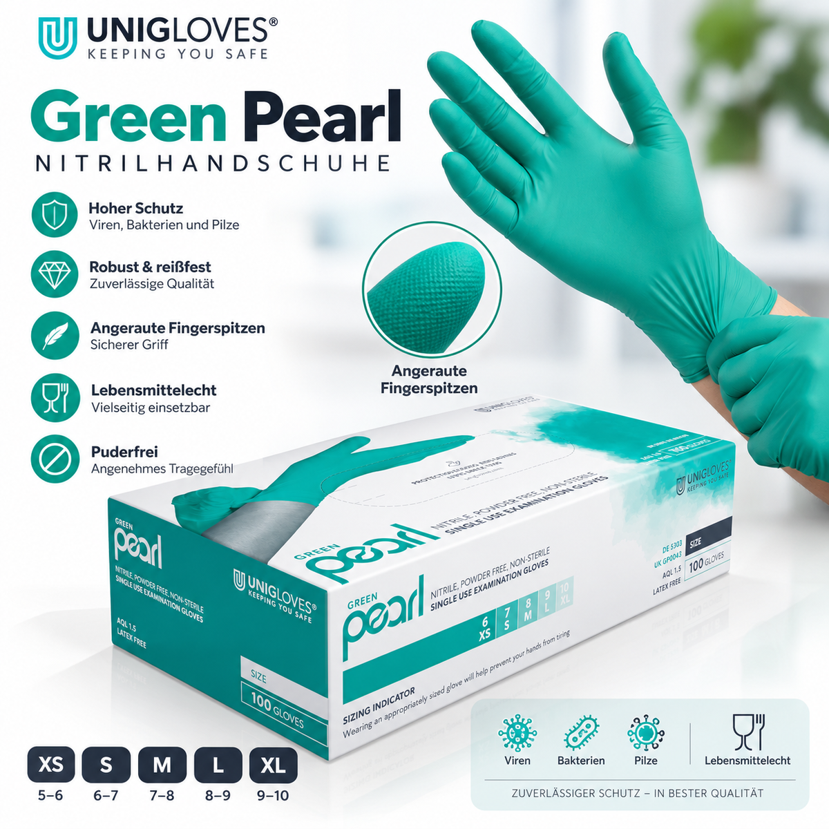 Unigloves Green Pearl Nitrilhandschuhe – puderfrei, lebensmittelecht und angeraute Fingerspitzen
