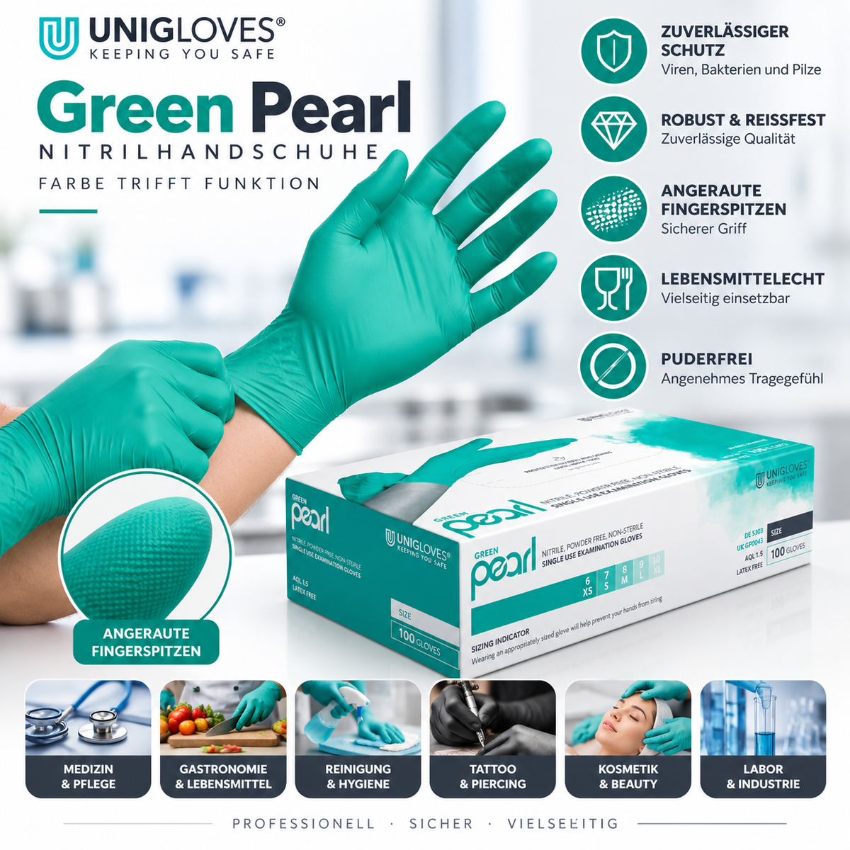 Unigloves Green Pearl Nitrilhandschuhe – angeraute Fingerspitzen, sicherer Griff und vielseitiger Schutz
