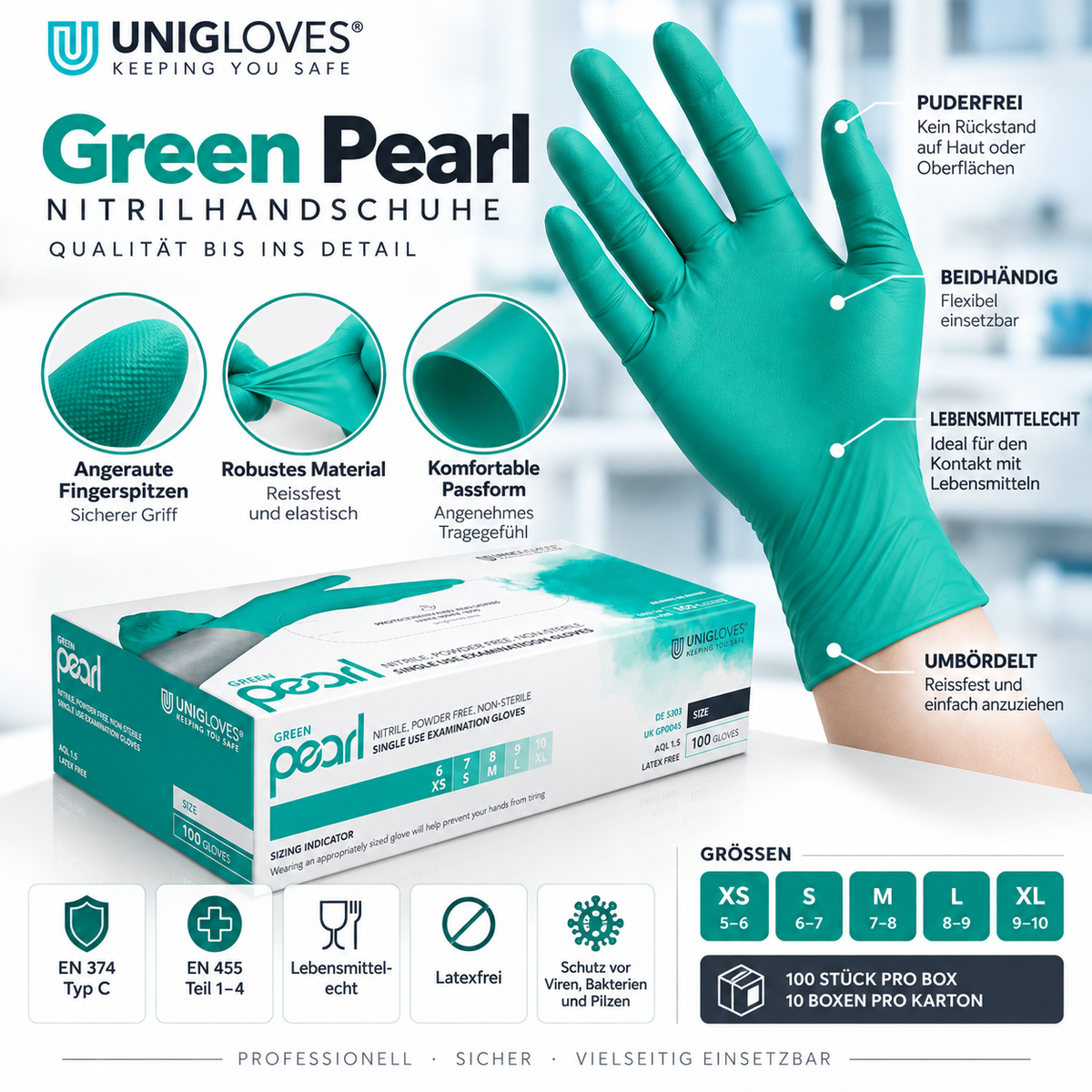 Unigloves Green Pearl Nitrilhandschuhe – angeraute Fingerspitzen, flexible Passform und umbördelte Manschette