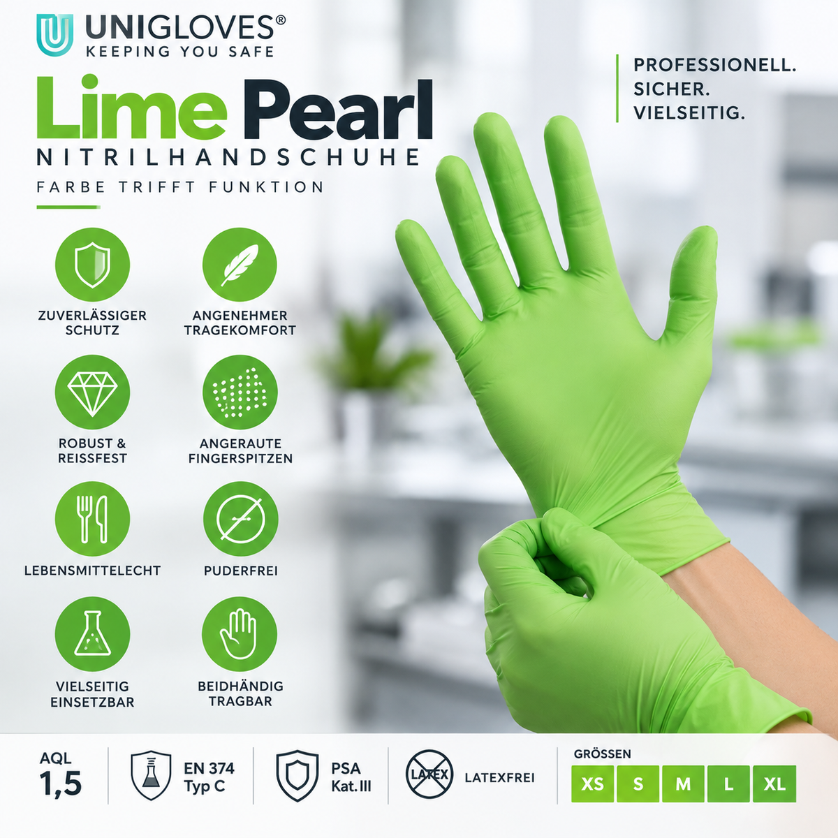 Unigloves Lime Pearl Nitrilhandschuhe – puderfrei, lebensmittelecht und angeraute Fingerspitzen