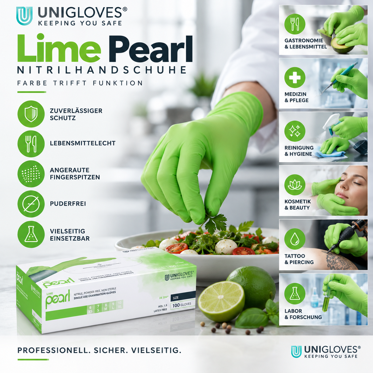 Unigloves Lime Pearl Nitrilhandschuhe – für Gastronomie, Medizin, Reinigung, Kosmetik, Tattoo und Labor