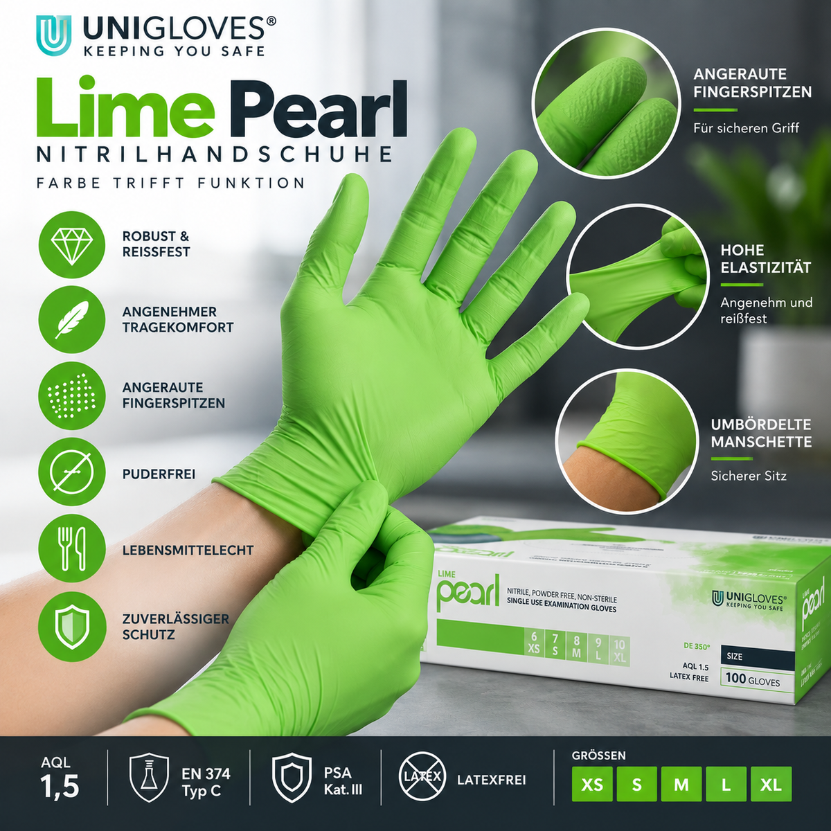 Unigloves Lime Pearl Nitrilhandschuhe – angeraute Fingerspitzen, hohe Elastizität und umbördelte Manschette
