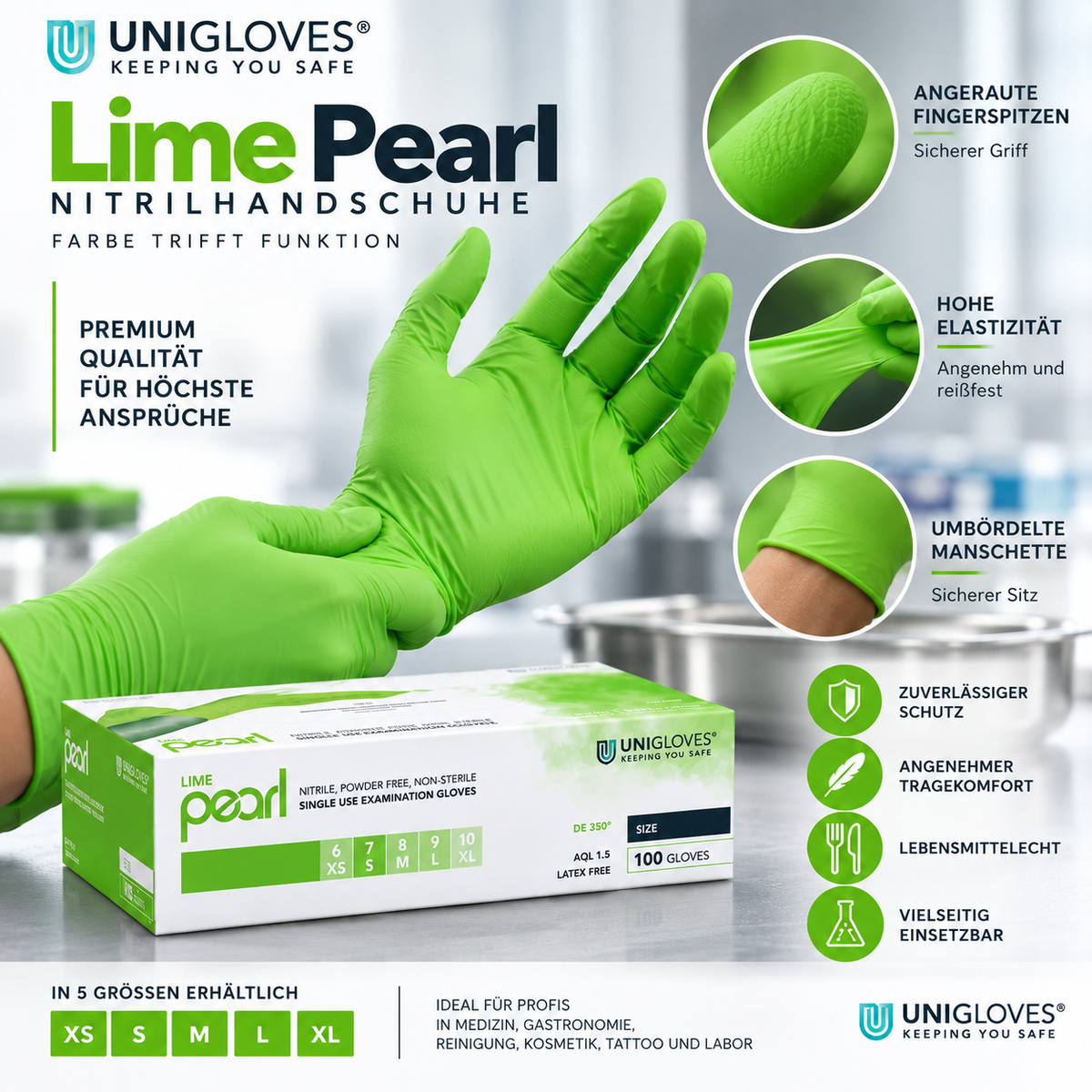 Unigloves Lime Pearl Nitrilhandschuhe – angeraute Fingerspitzen, hohe Elastizität und professionelle Qualität