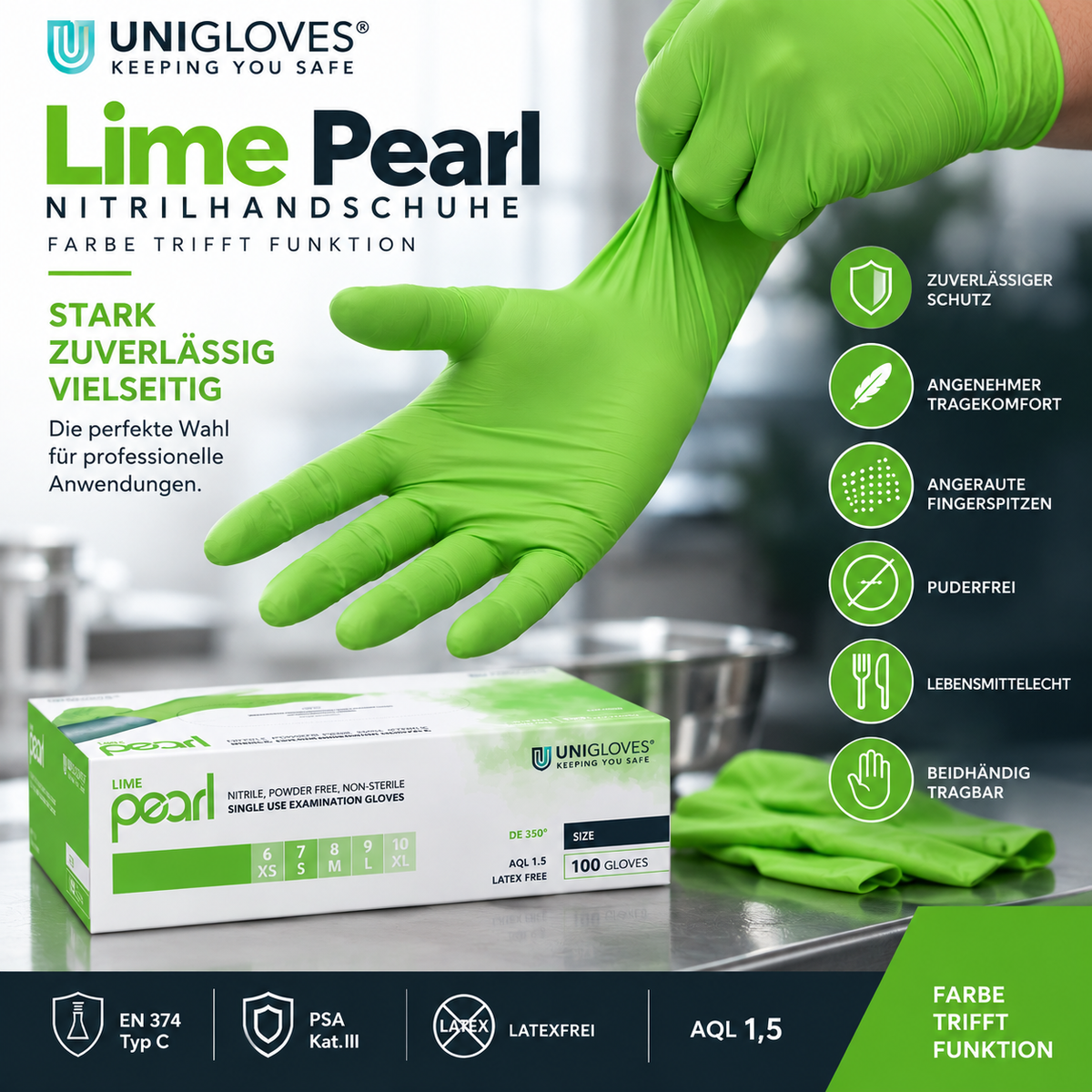 Unigloves Lime Pearl Nitrilhandschuhe – zuverlässiger Schutz, hoher Tragekomfort und angeraute Fingerspitzen
