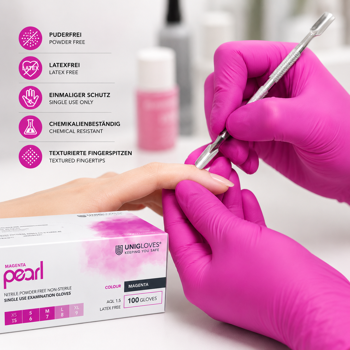 Unigloves Magenta Pearl Nitrilhandschuhe – magentafarbene Einweghandschuhe für Kosmetik und Nagelstudio