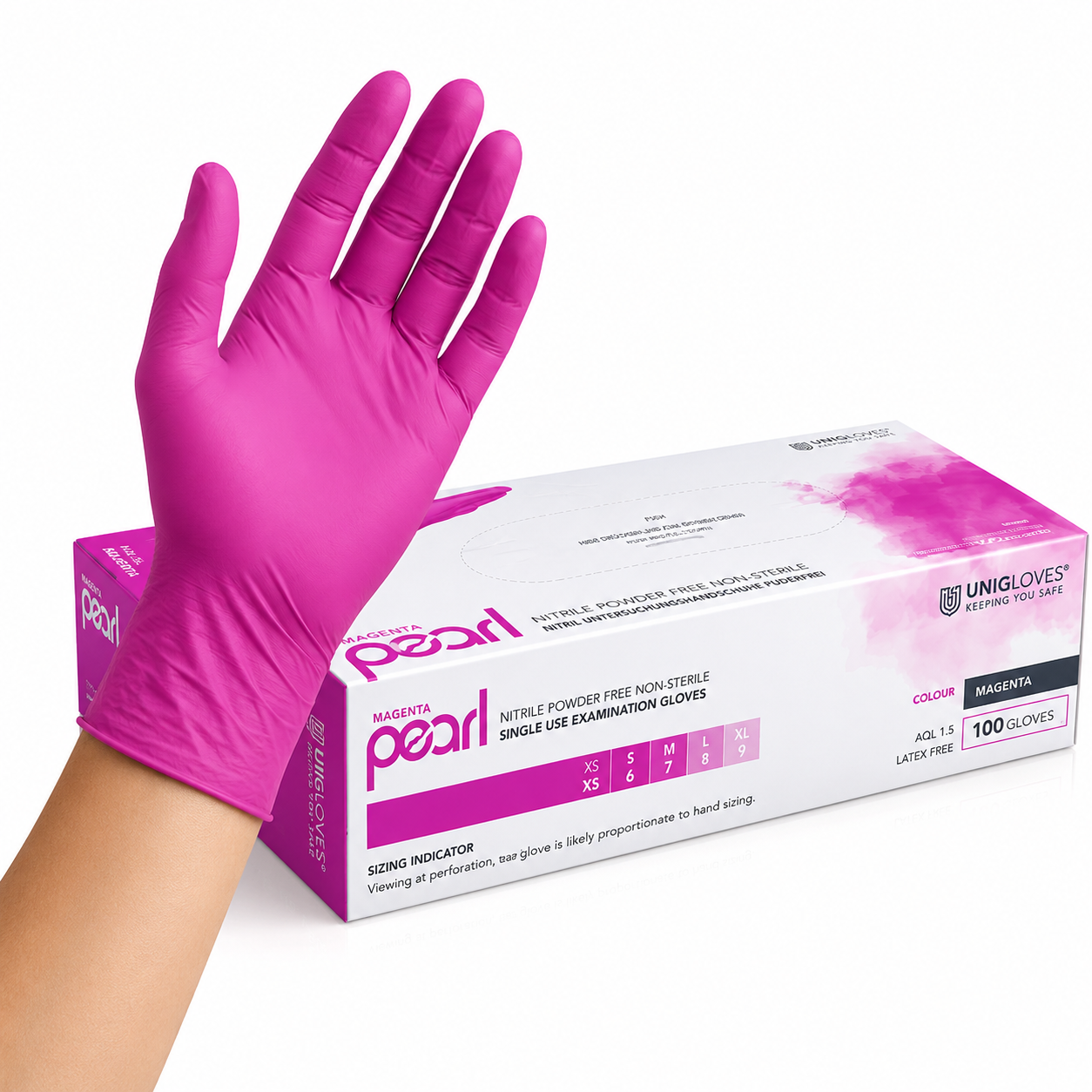 Unigloves Magenta Pearl Nitrilhandschuhe – magentafarbener Einweghandschuh mit angenehmem Tragekomfort