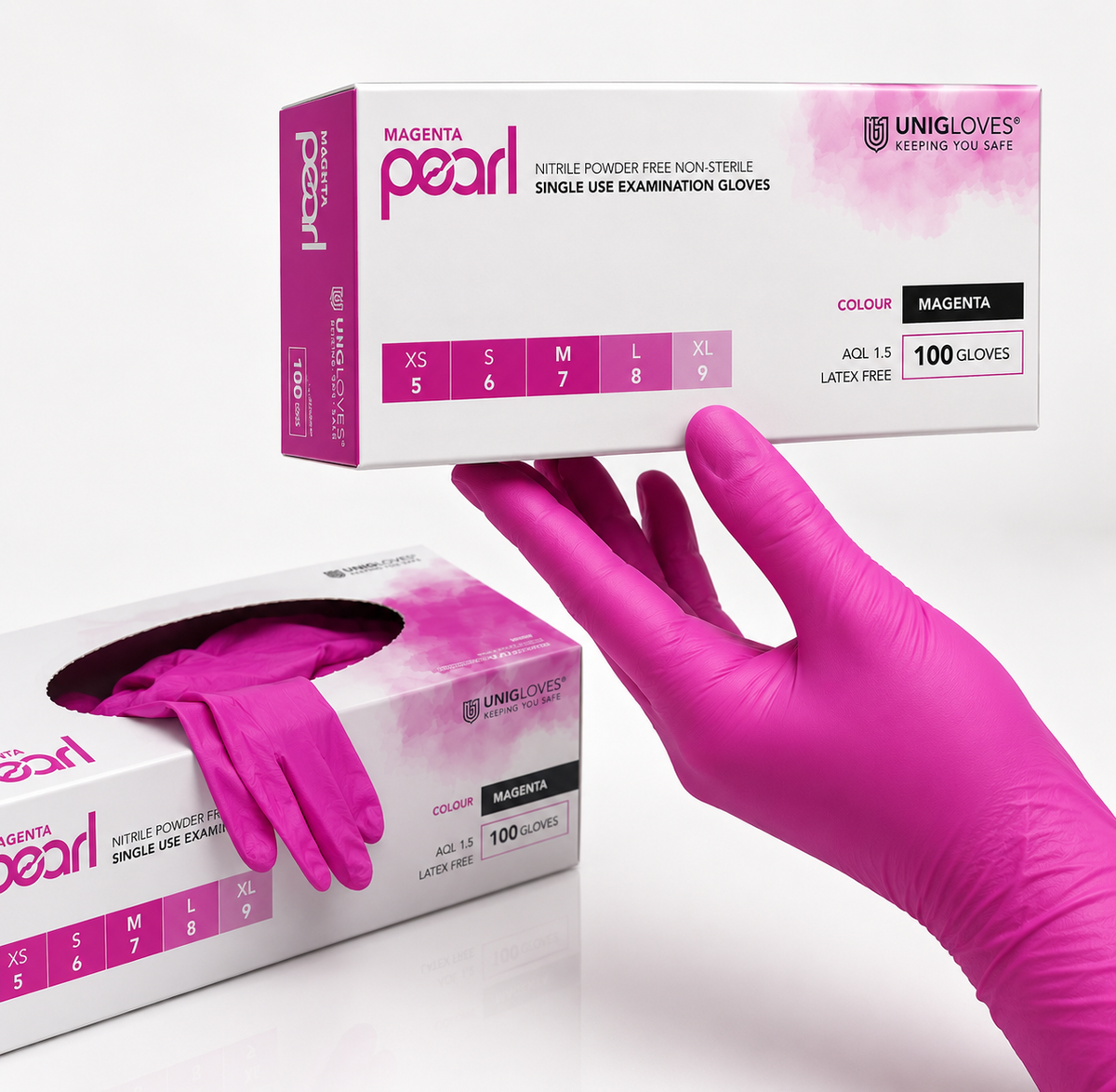 Unigloves Magenta Pearl Nitrilhandschuhe – puderfreie latexfreie Einweghandschuhe in Magenta mit 100 Stück pro Box