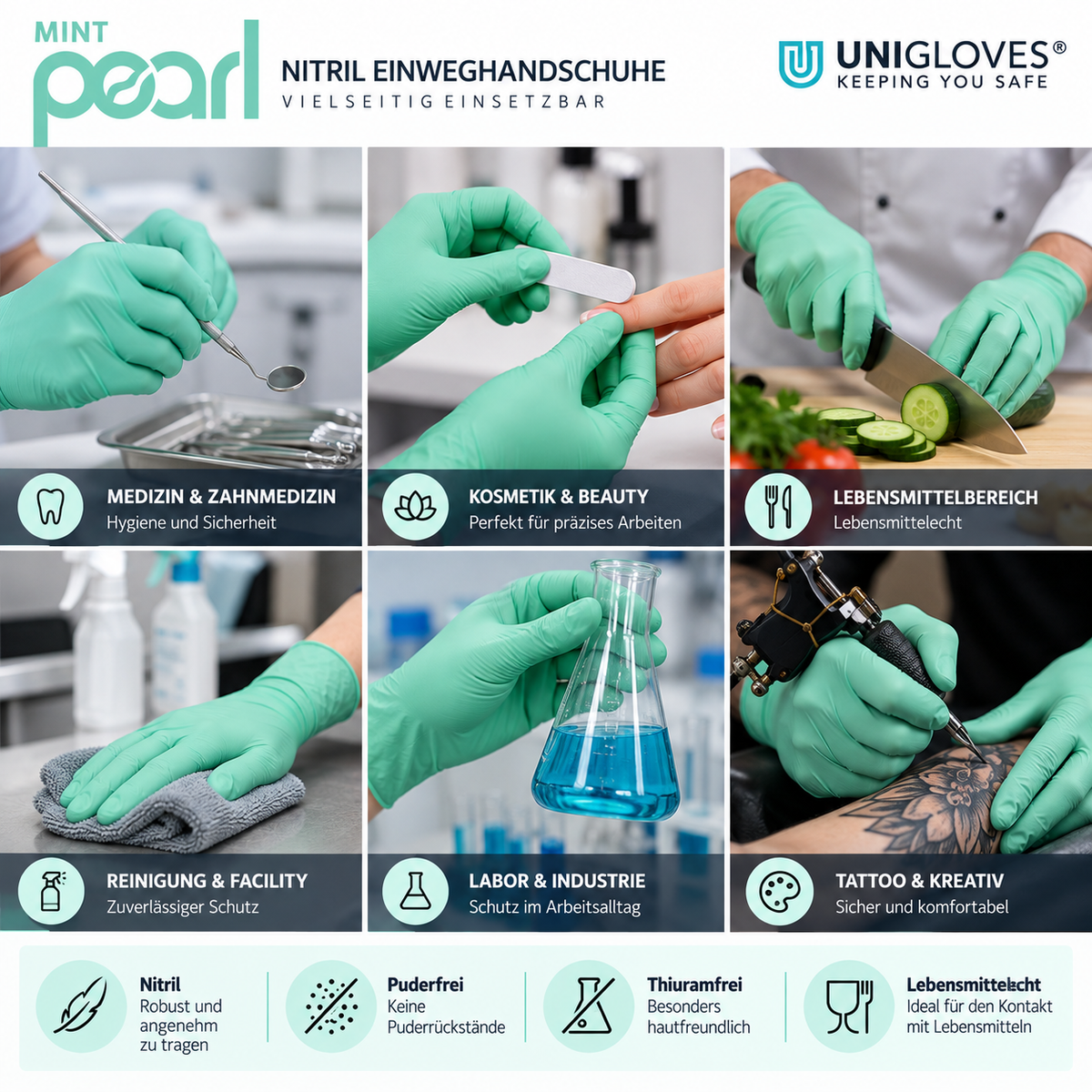 Unigloves Mint Pearl Nitrilhandschuhe – für Medizin, Kosmetik, Lebensmittel, Reinigung, Labor und Tattoo
