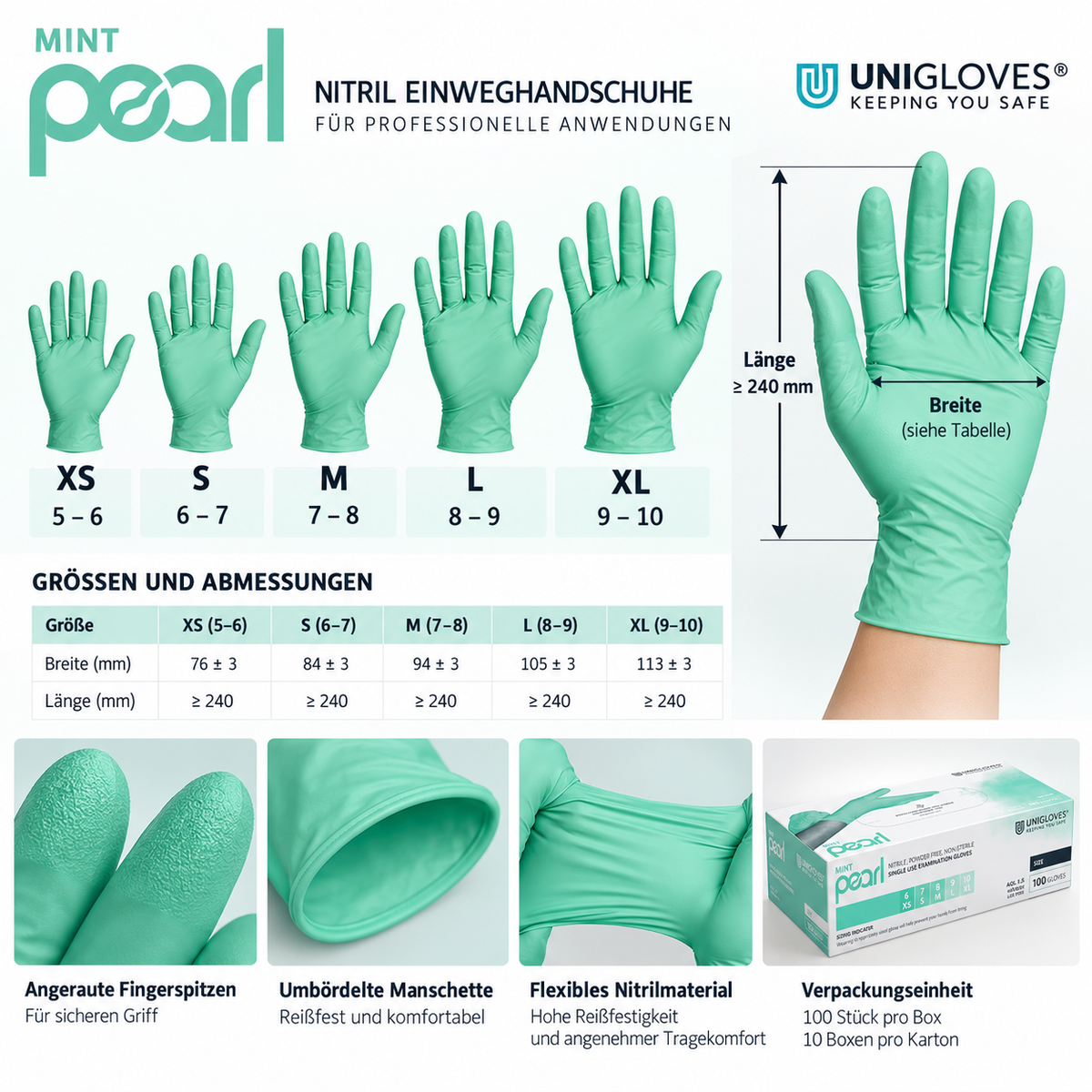 Unigloves Mint Pearl Nitrilhandschuhe – Größen XS bis XL, Passform und angeraute Fingerspitzen