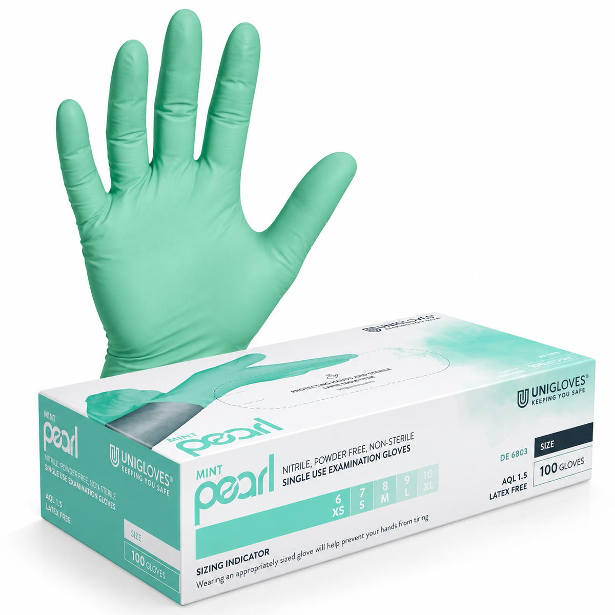 Unigloves Mint Pearl Nitrilhandschuhe – puderfreie Nitrilhandschuhe in Mint mit angerauten Fingerspitzen