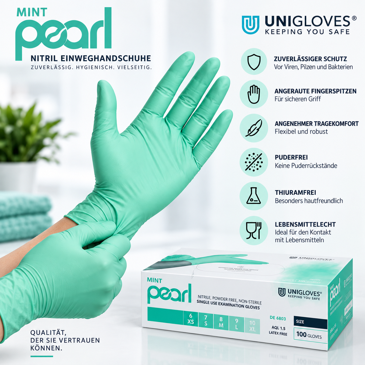 Unigloves Mint Pearl Nitrilhandschuhe – zuverlässiger Schutz, sicherer Griff und hoher Tragekomfort