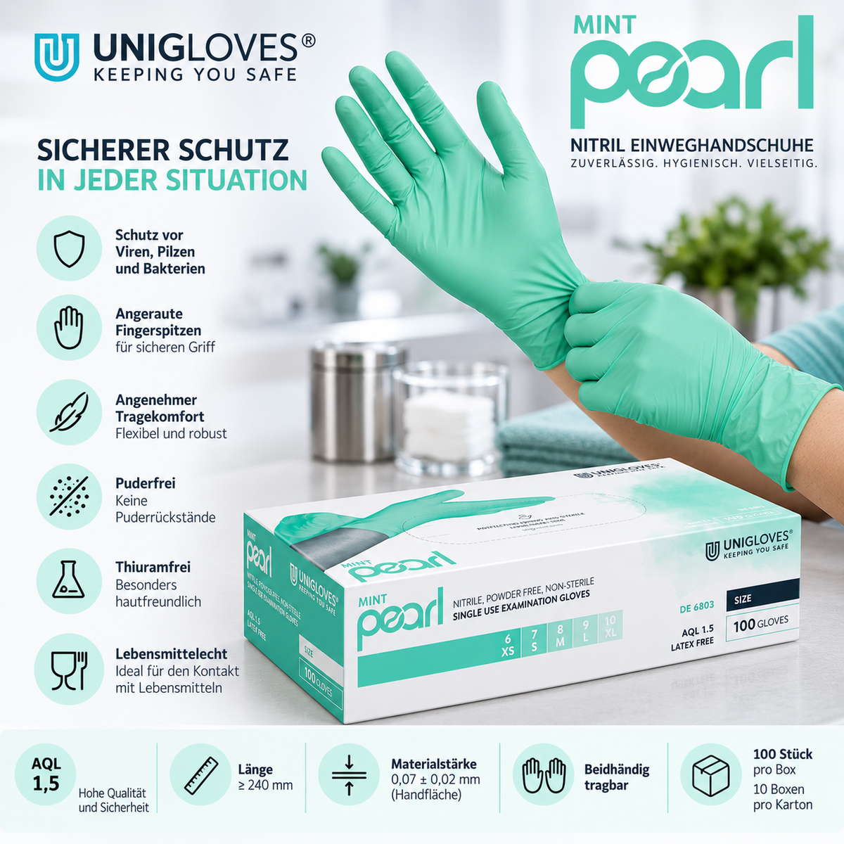 Unigloves Mint Pearl Nitrilhandschuhe – sicherer Schutz, hoher Tragekomfort und zuverlässiger Griff