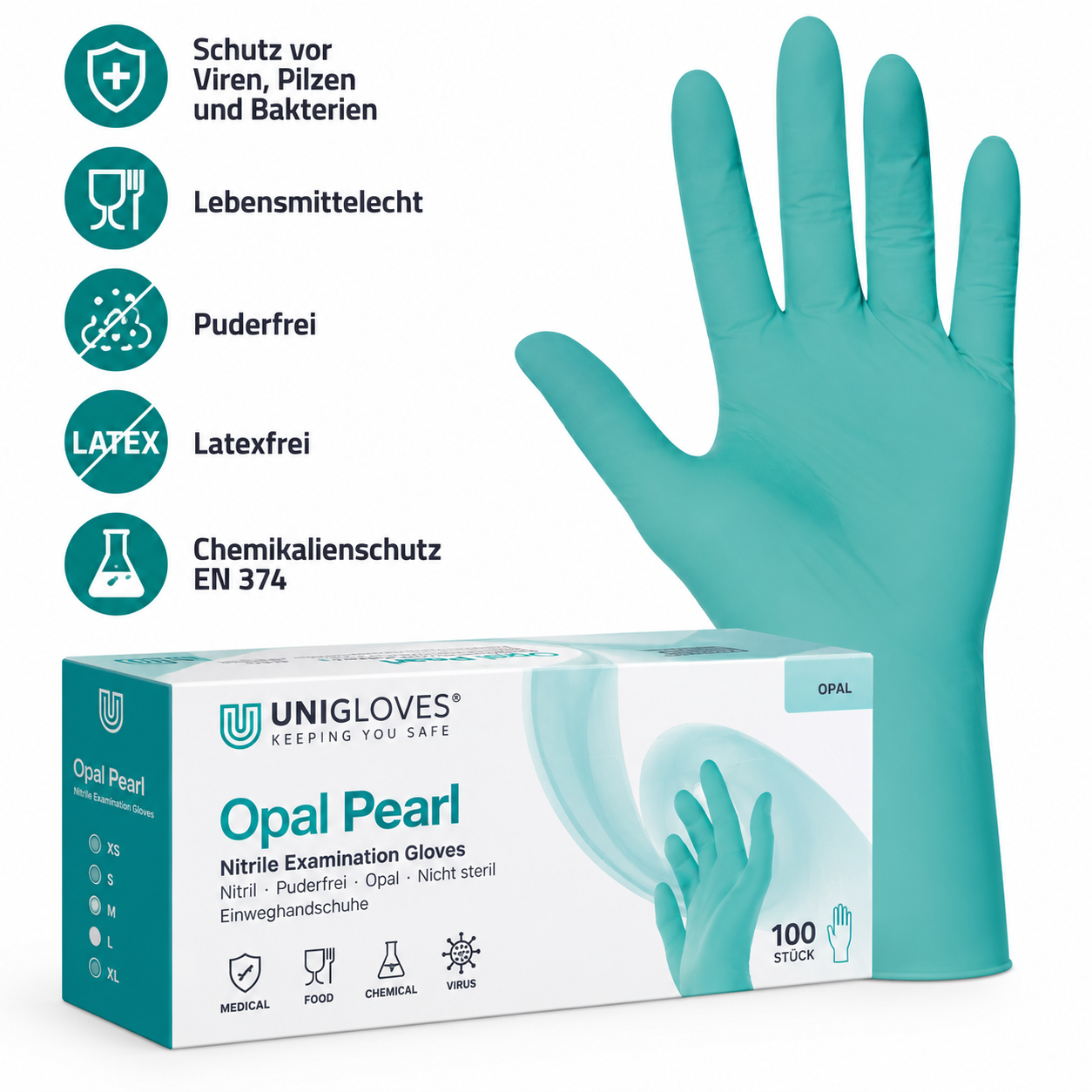 Unigloves Opal Pearl Nitrilhandschuhe – puderfrei, latexfrei, lebensmittelecht und mit Chemikalienschutz EN 374