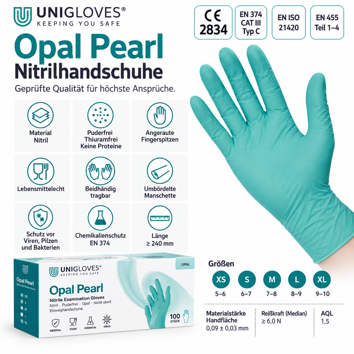 Unigloves Opal Pearl Nitrilhandschuhe – Größen XS bis XL, AQL 1,5 und geprüfter Schutz nach EN 374