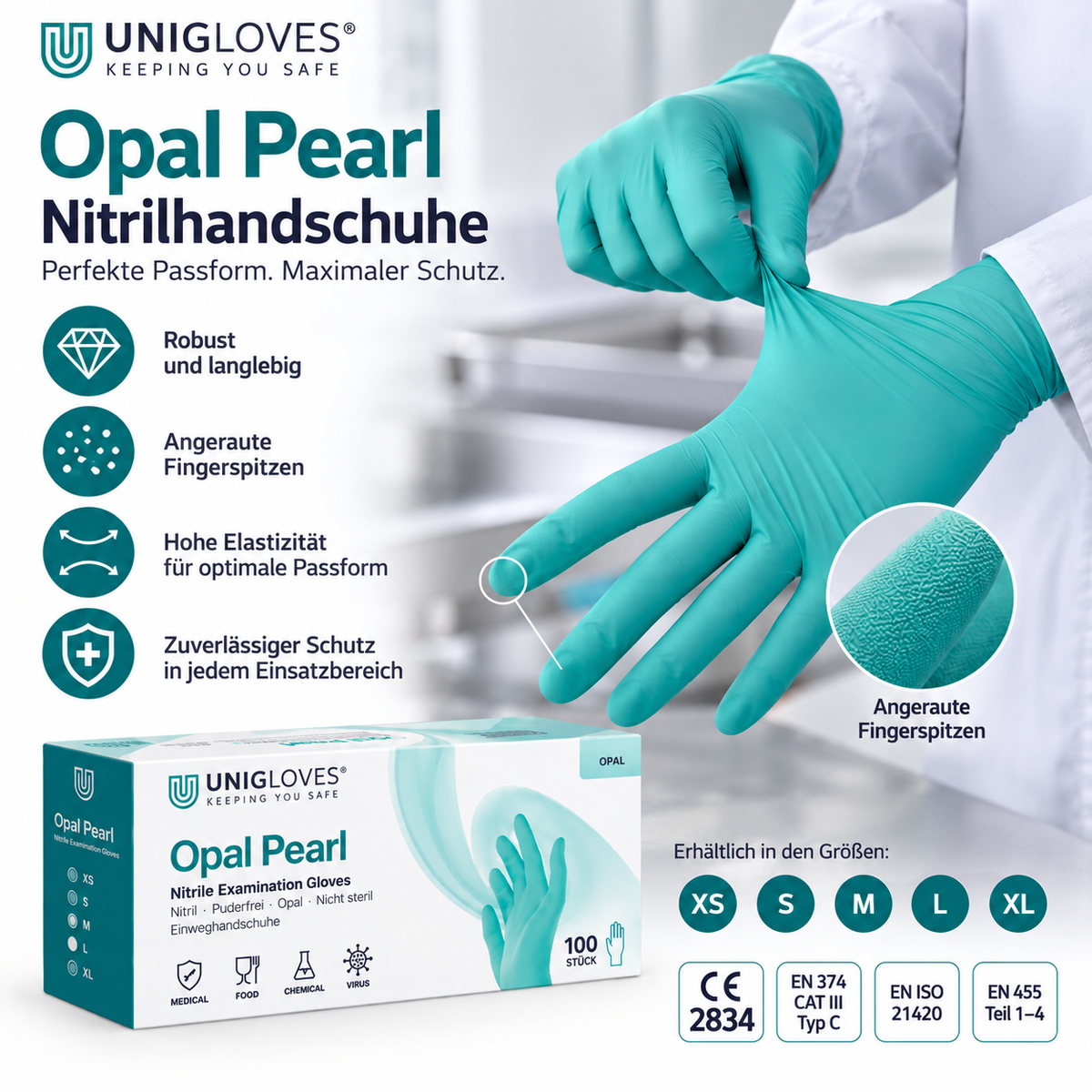 Unigloves Opal Pearl Nitrilhandschuhe – hohe Elastizität, angeraute Fingerspitzen und zuverlässiger Schutz
