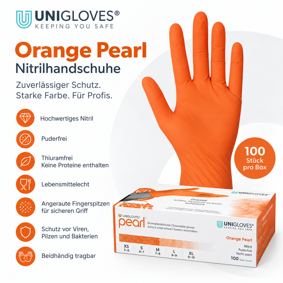 Unigloves Orange Pearl Nitrilhandschuhe – puderfrei, lebensmittelecht und angeraute Fingerspitzen