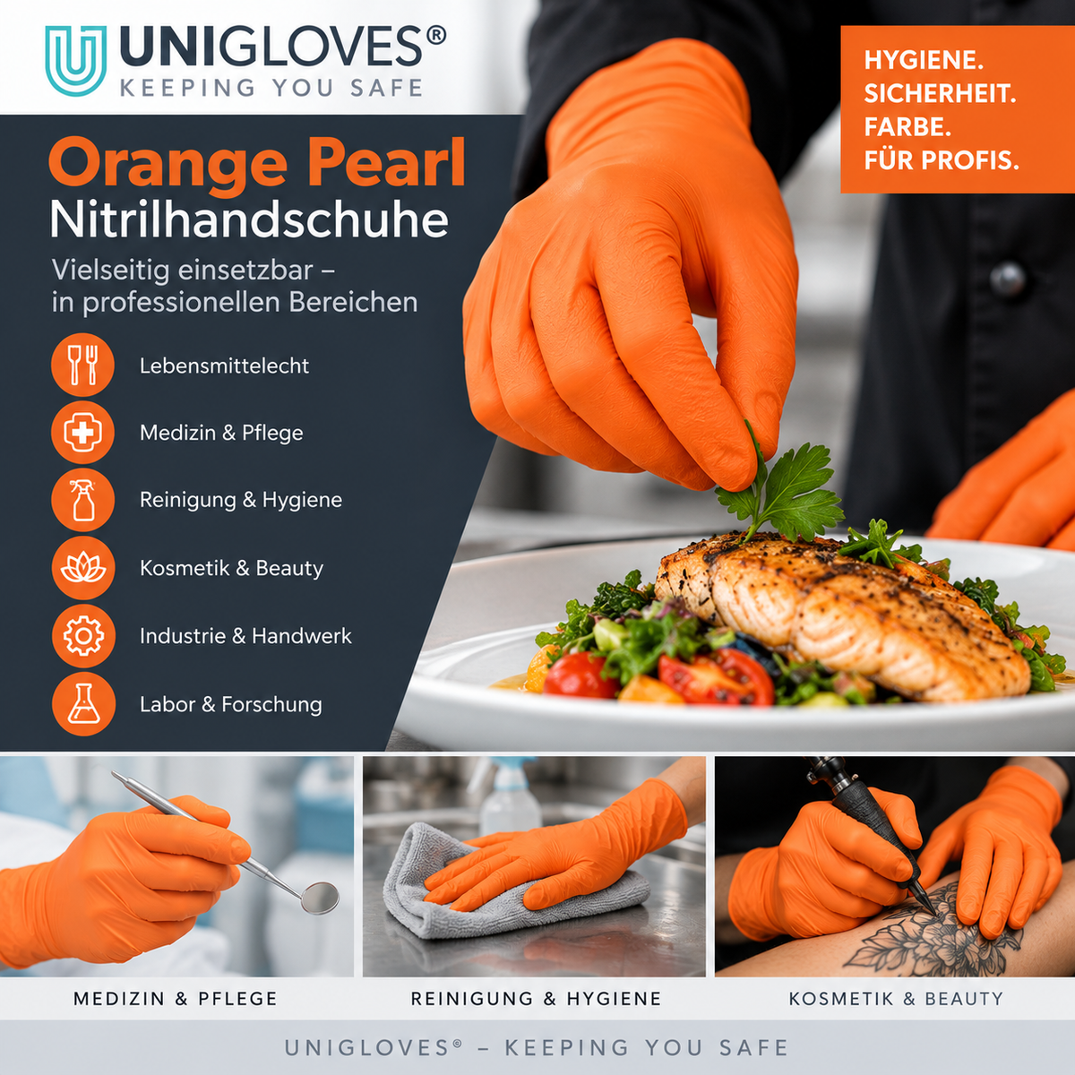 Unigloves Orange Pearl Nitrilhandschuhe – für Medizin, Gastronomie, Reinigung, Kosmetik, Tattoo und Labor