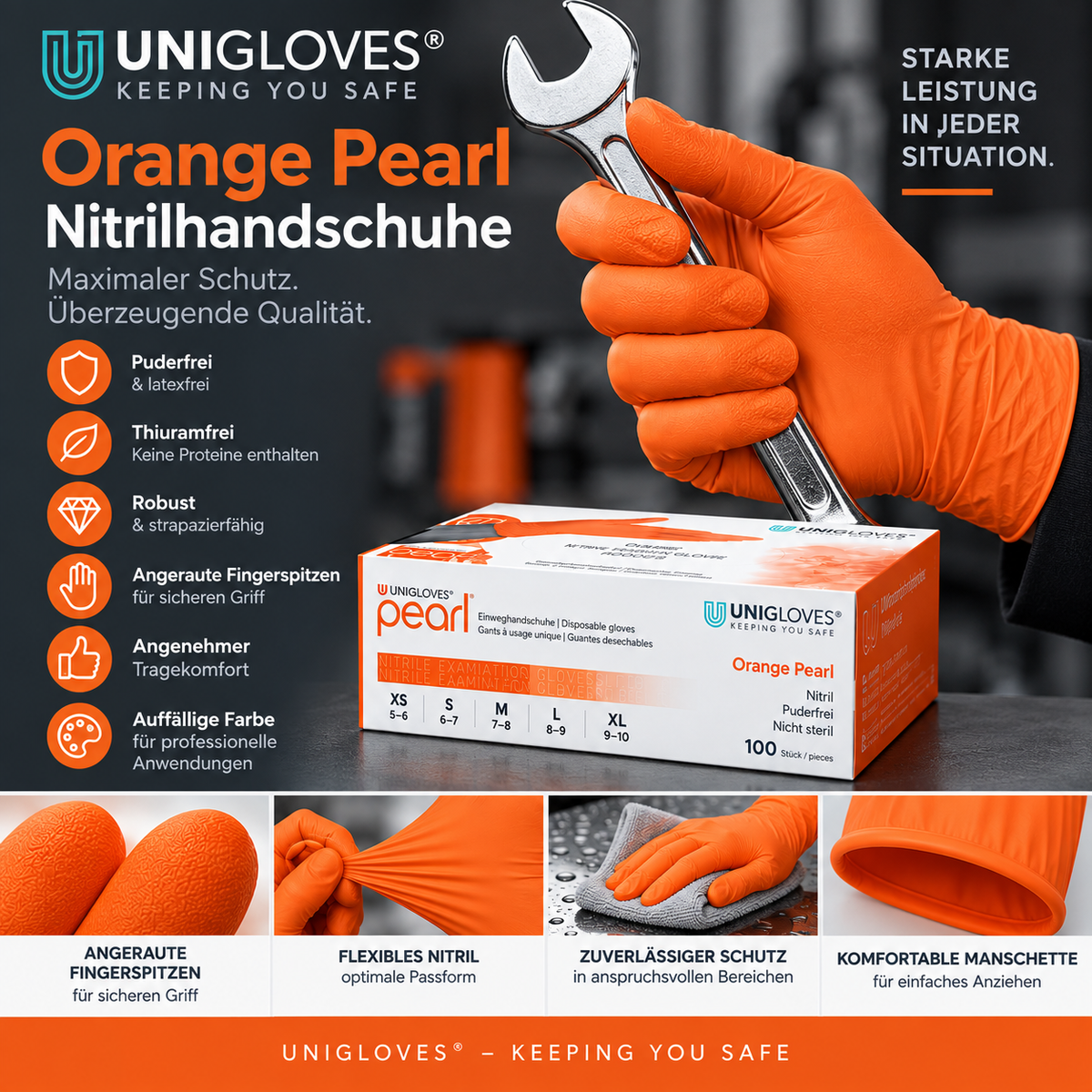 Unigloves Orange Pearl Nitrilhandschuhe – professioneller Schutz, angeraute Fingerspitzen und flexible Passform
