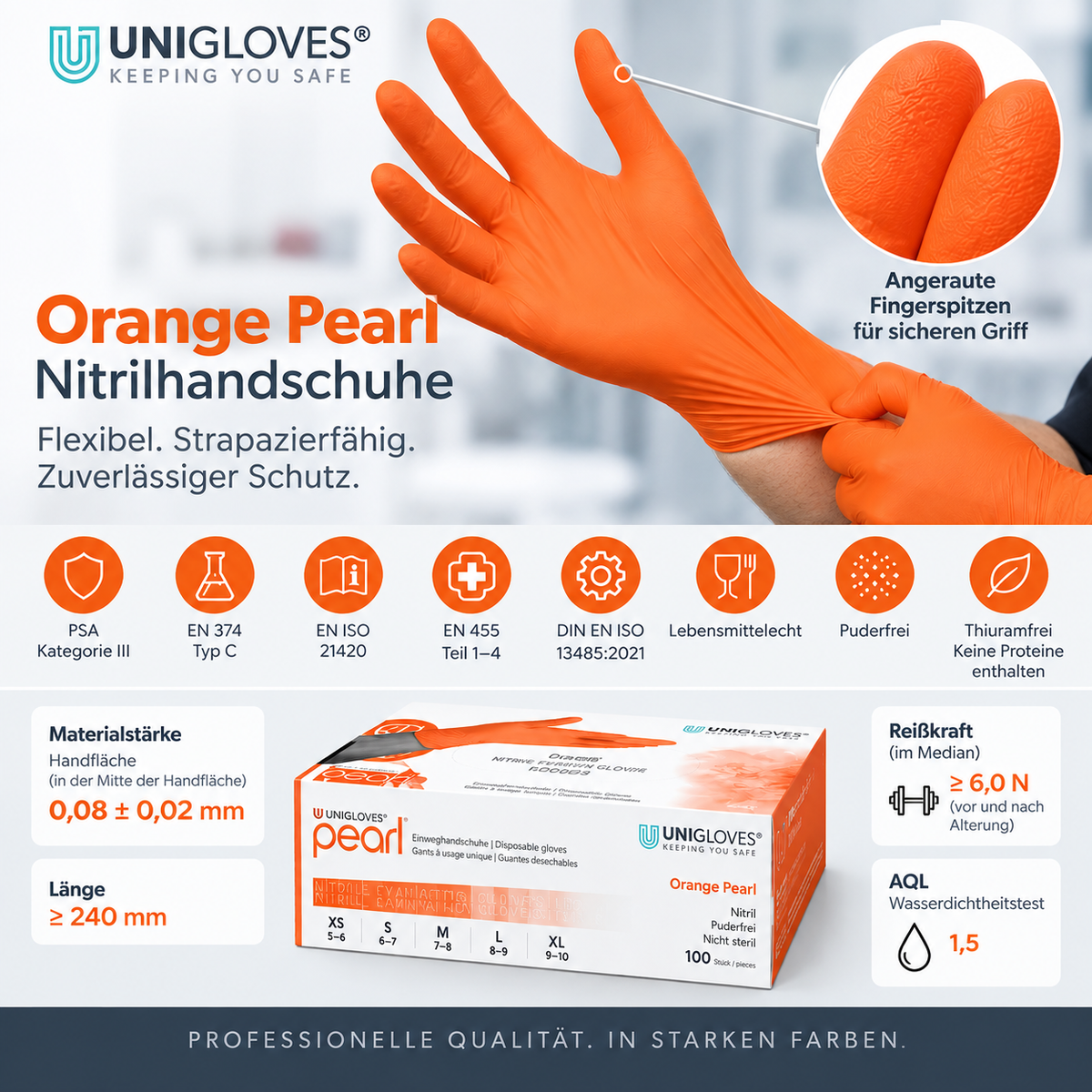Unigloves Orange Pearl Nitrilhandschuhe – flexibler Schutz, angeraute Fingerspitzen und professionelle Qualität