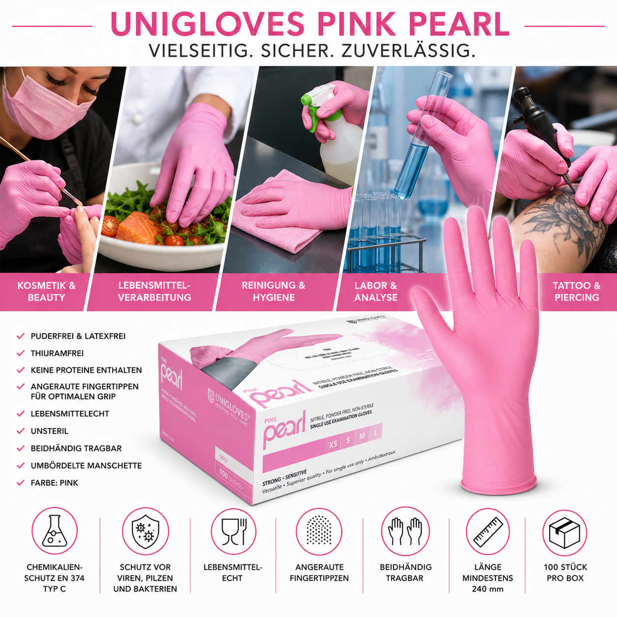 Unigloves Pink Pearl Nitrilhandschuhe für Kosmetik, Lebensmittel, Reinigung, Labor und Tattoo
