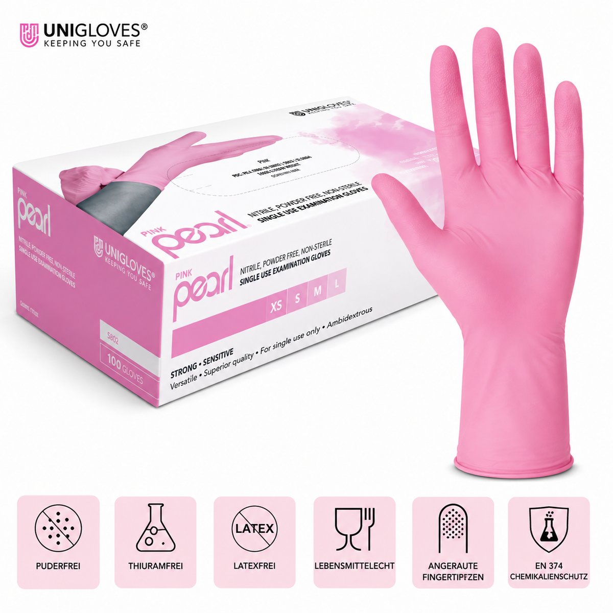 Unigloves Pink Pearl Nitrilhandschuhe – puderfrei, latexfrei, lebensmittelecht und mit angerauten Fingerspitzen