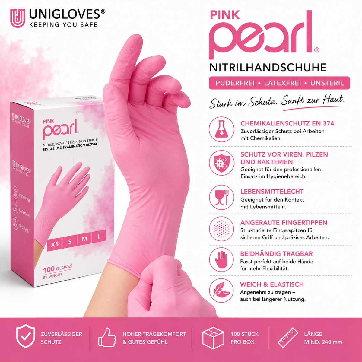 Unigloves Pink Pearl Nitrilhandschuhe – zuverlässiger Schutz, hoher Tragekomfort und sicherer Grip