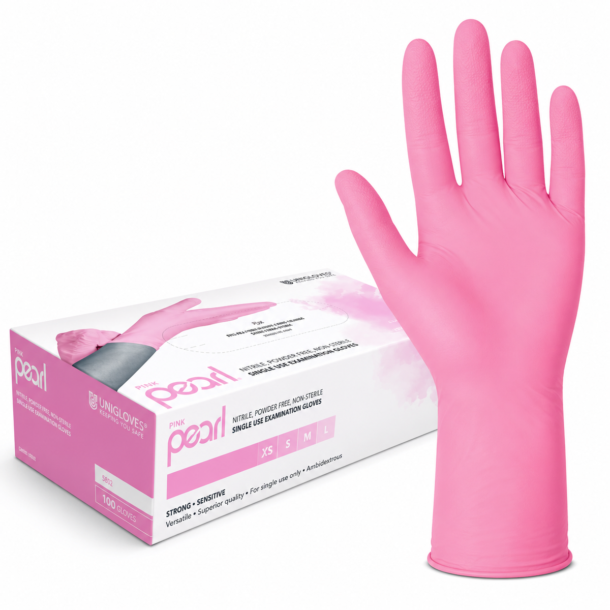 Unigloves Pink Pearl Nitrilhandschuhe – pinke puderfreie Einweghandschuhe in der Originalverpackung