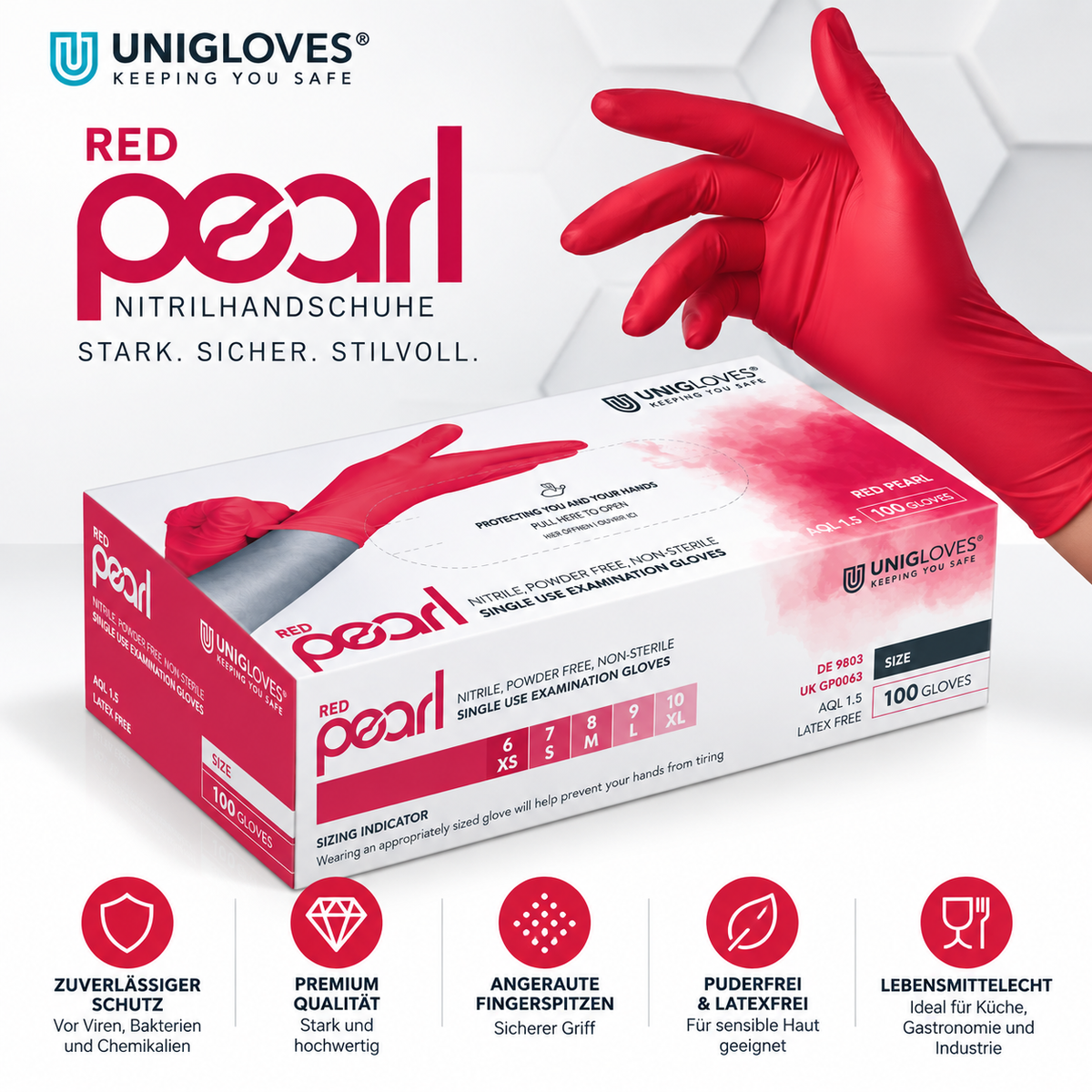 Unigloves Red Pearl Nitrilhandschuhe – puderfrei, latexfrei, lebensmittelecht und mit angerauten Fingerspitzen