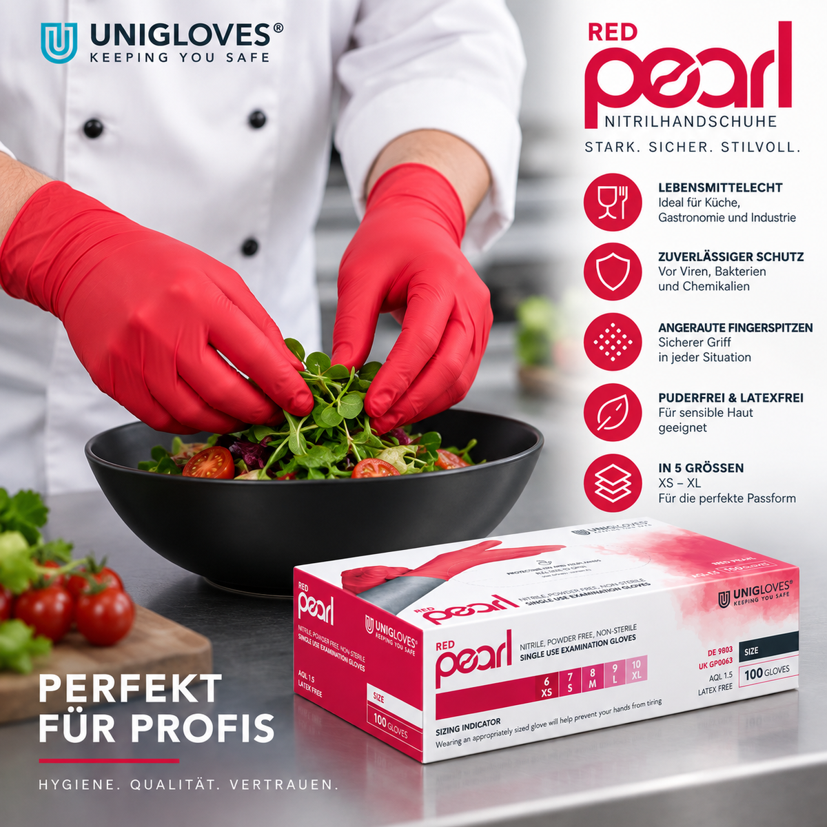 Unigloves Red Pearl Nitrilhandschuhe – lebensmittelecht für Küche, Gastronomie und professionelle Anwendungen
