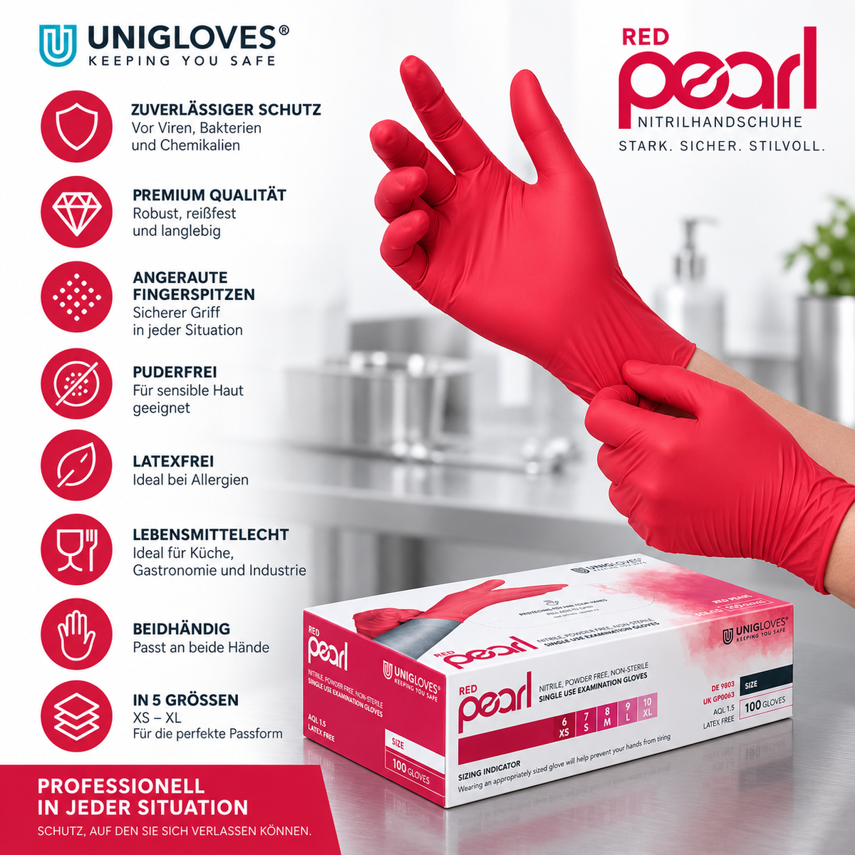 Unigloves Red Pearl Nitrilhandschuhe – zuverlässiger Schutz, sicherer Griff und hoher Tragekomfort
