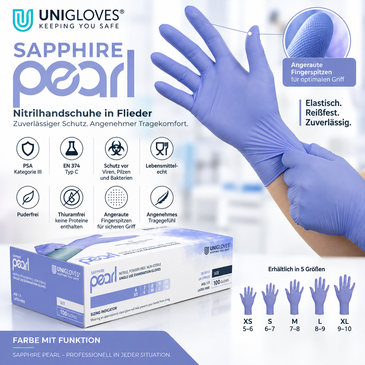 Unigloves Sapphire Pearl Nitrilhandschuhe – puderfrei, lebensmittelecht und angeraute Fingerspitzen