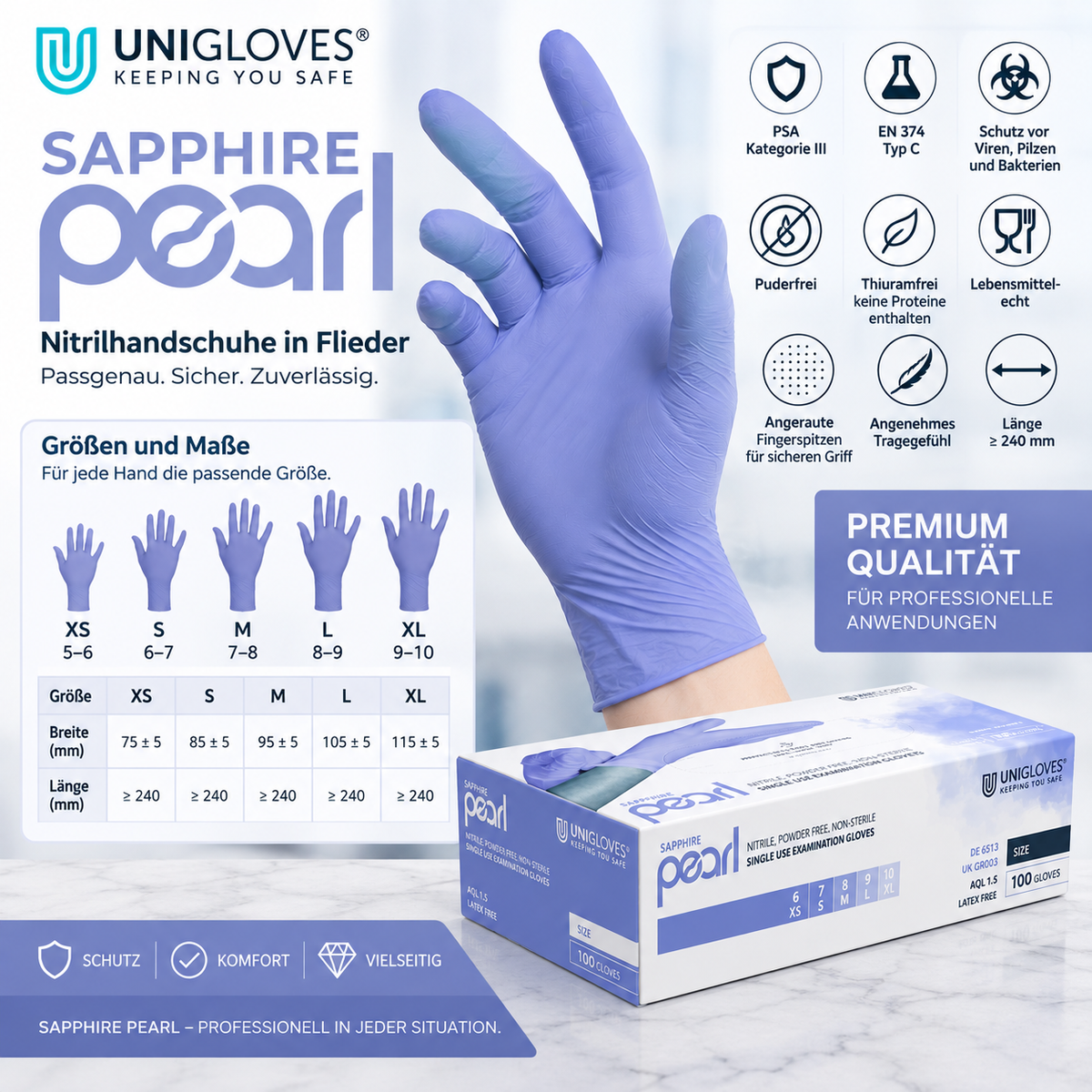 Unigloves Sapphire Pearl Nitrilhandschuhe in Flieder – Größen XS bis XL, angeraute Fingerspitzen und mindestens 240 mm Länge