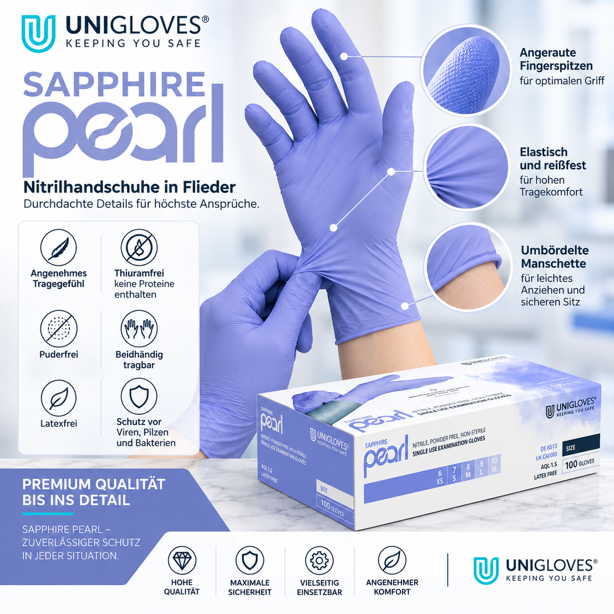 Unigloves Sapphire Pearl Nitrilhandschuhe in Flieder – angeraute Fingerspitzen, hoher Tragekomfort und umbördelte Manschette