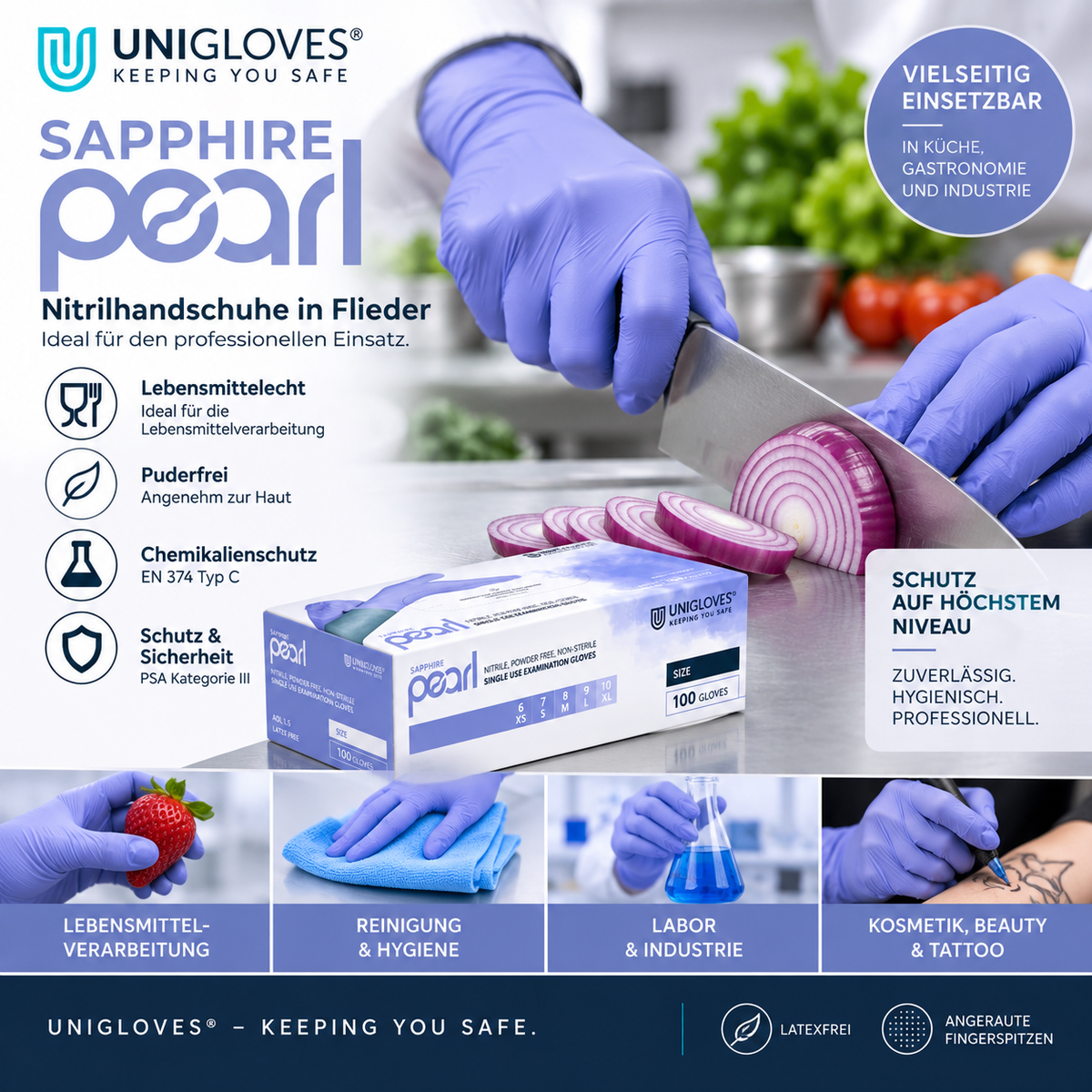 Unigloves Sapphire Pearl Nitrilhandschuhe in Flieder – lebensmittelecht für Gastronomie, Reinigung, Labor und Beauty