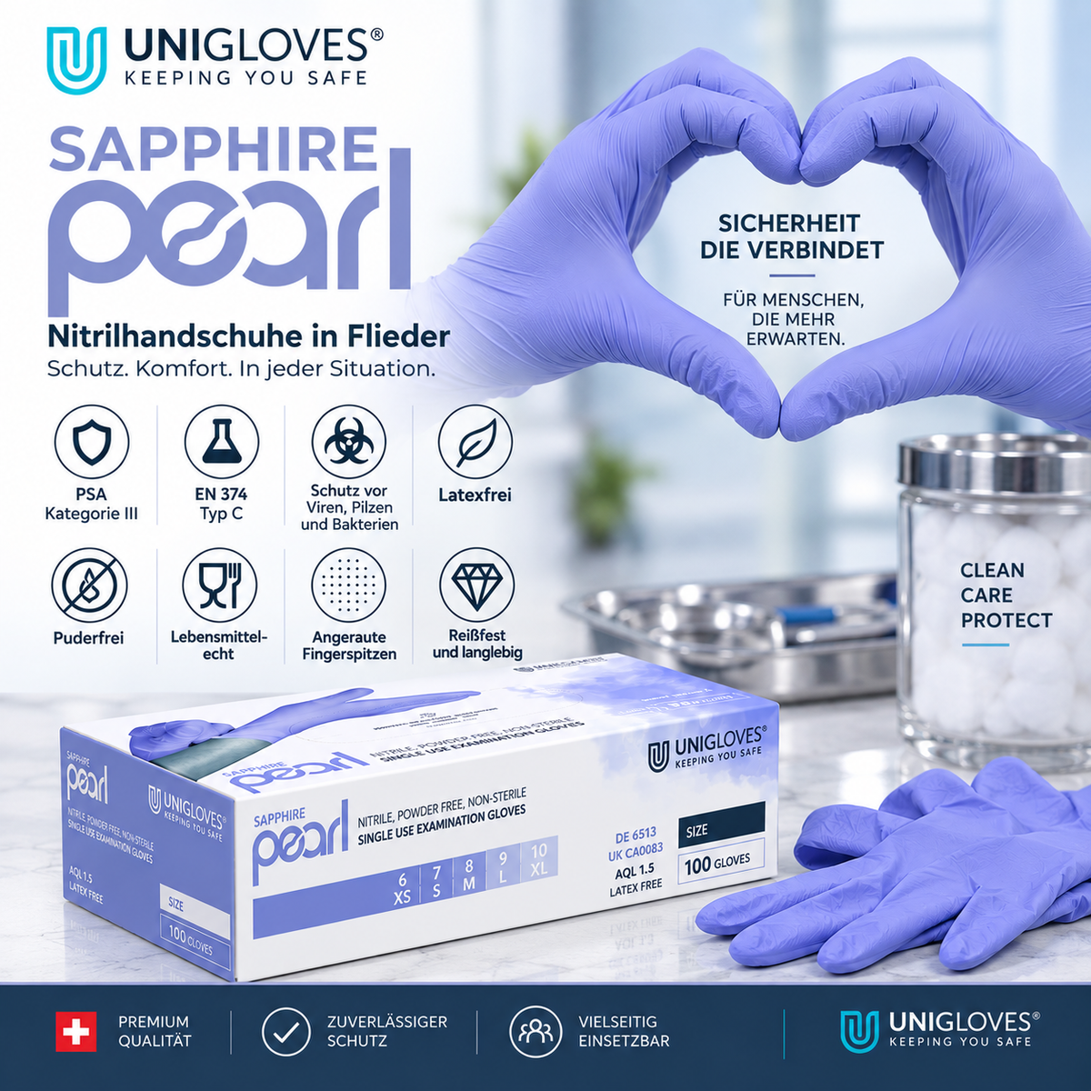 Unigloves Sapphire Pearl Nitrilhandschuhe in Flieder – zuverlässiger Schutz, angeraute Fingerspitzen und professionelle Qualität