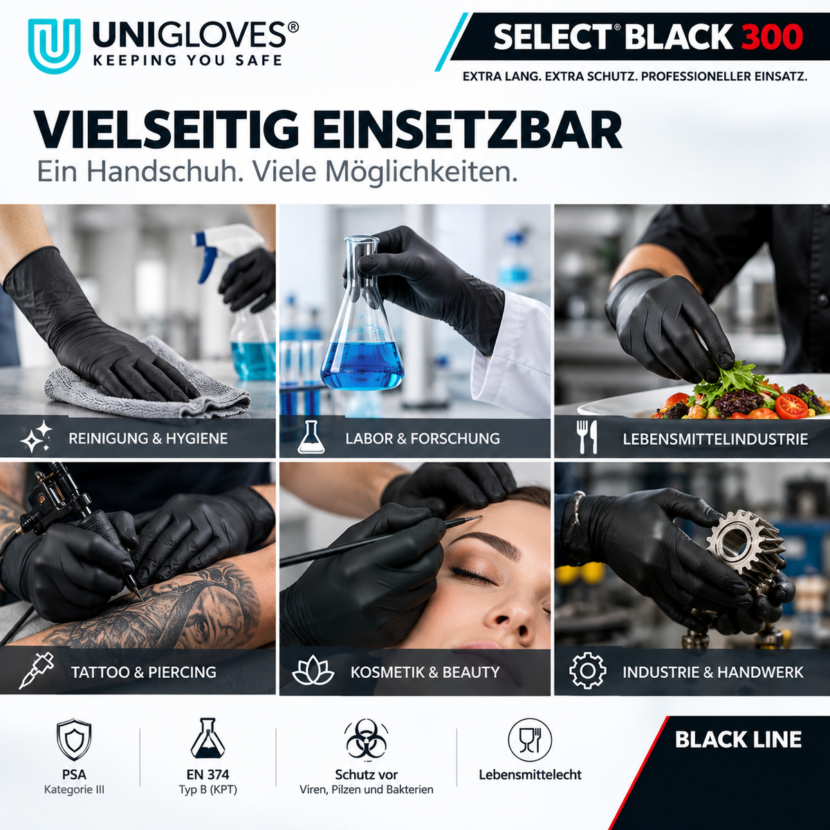 Unigloves Select Black 300 Latexhandschuhe – für Reinigung, Labor, Lebensmittel, Tattoo, Kosmetik und Handwerk