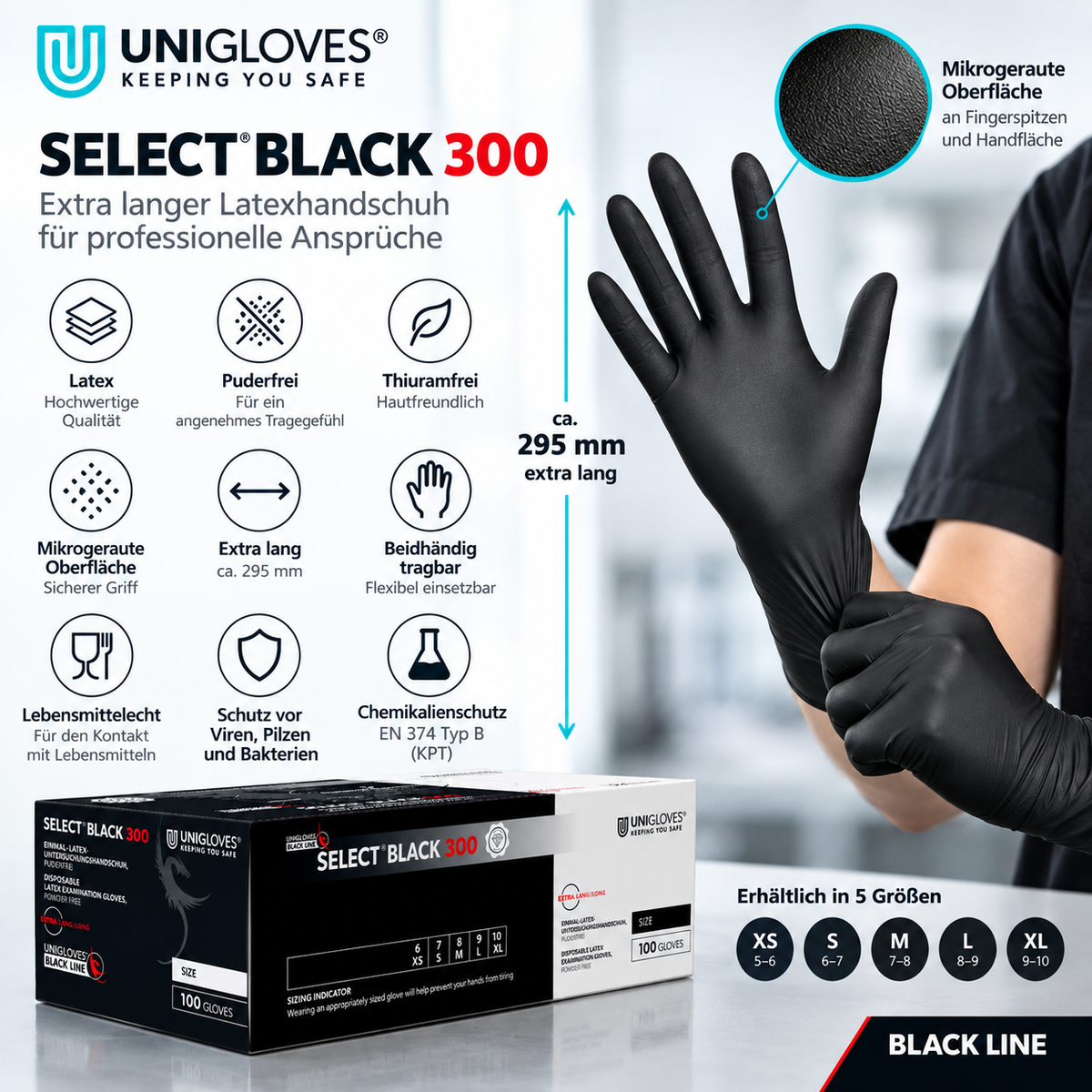 Unigloves Select Black 300 Latexhandschuhe – extra lang 295 mm, mikrogeraute Oberfläche und EN 374 Typ B