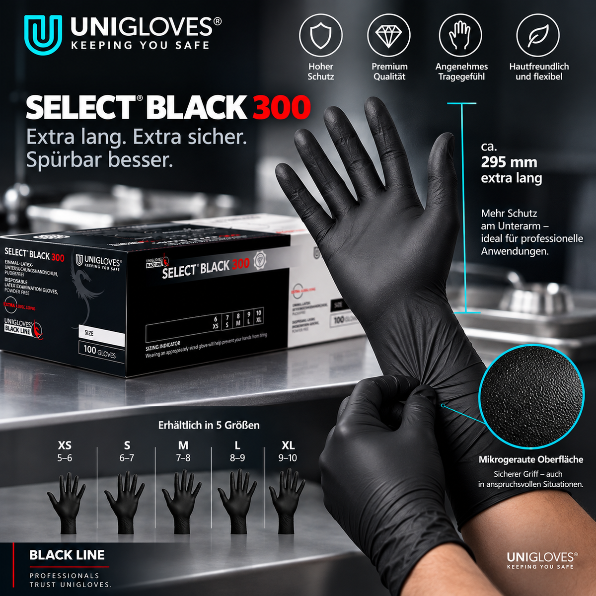 Unigloves Select Black 300 Latexhandschuhe – extra lang 295 mm, mikrogeraute Oberfläche und Größen XS bis XL