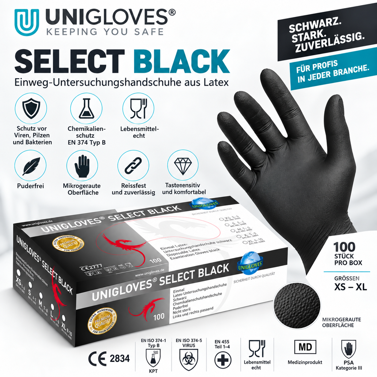 UNIGLOVES Select Black Latexhandschuhe schwarz – puderfrei, lebensmittelecht und Chemikalienschutz